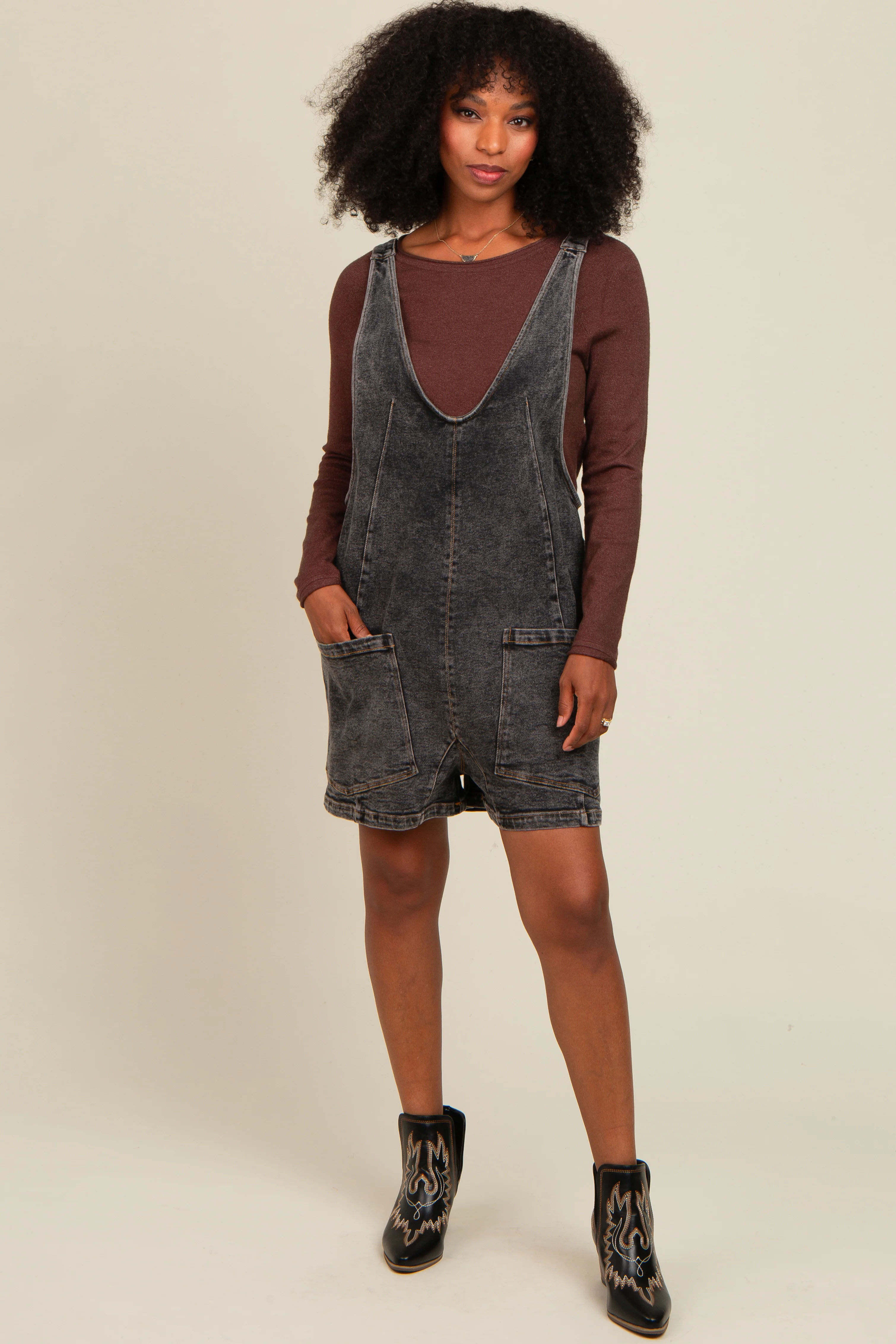 Charcoal Denim Scoop Neck Maternity Short Overall - Image 5