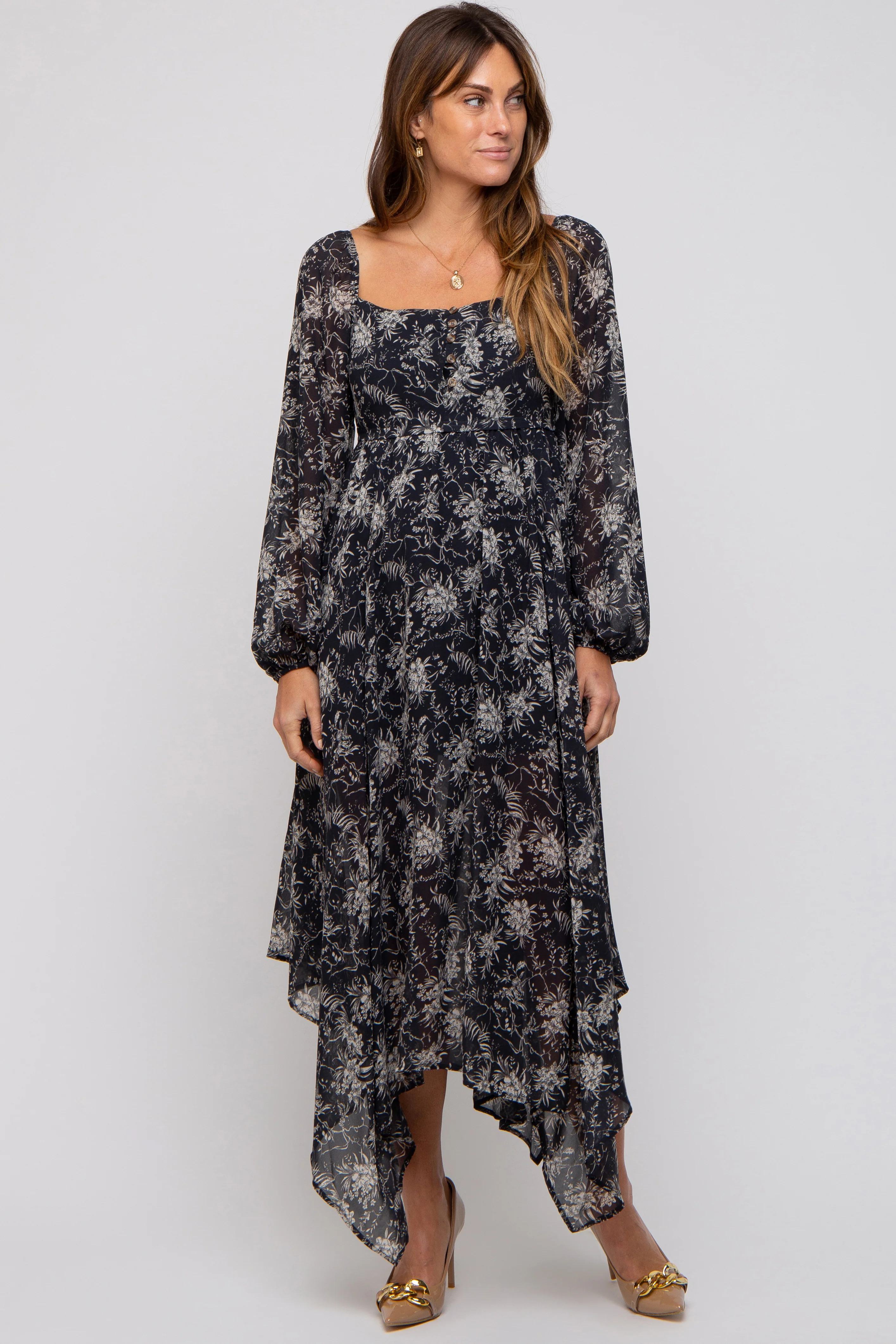 Charcoal Floral Chiffon Square Neck Button Front Maternity Midi Dress - Image 4