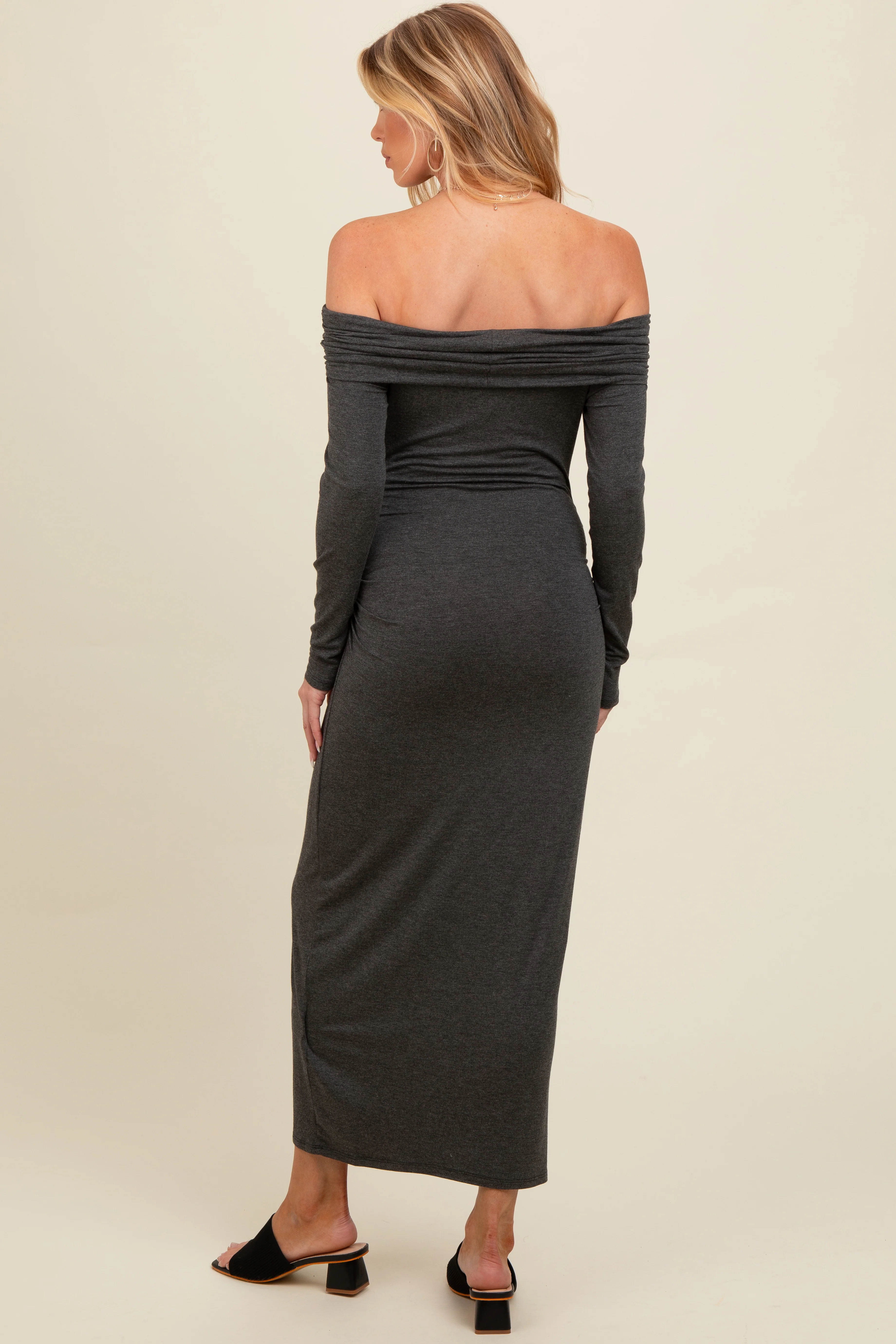 Charcoal Foldover Off Shoulder Long Sleeve Maternity Midi Dress - Image 4