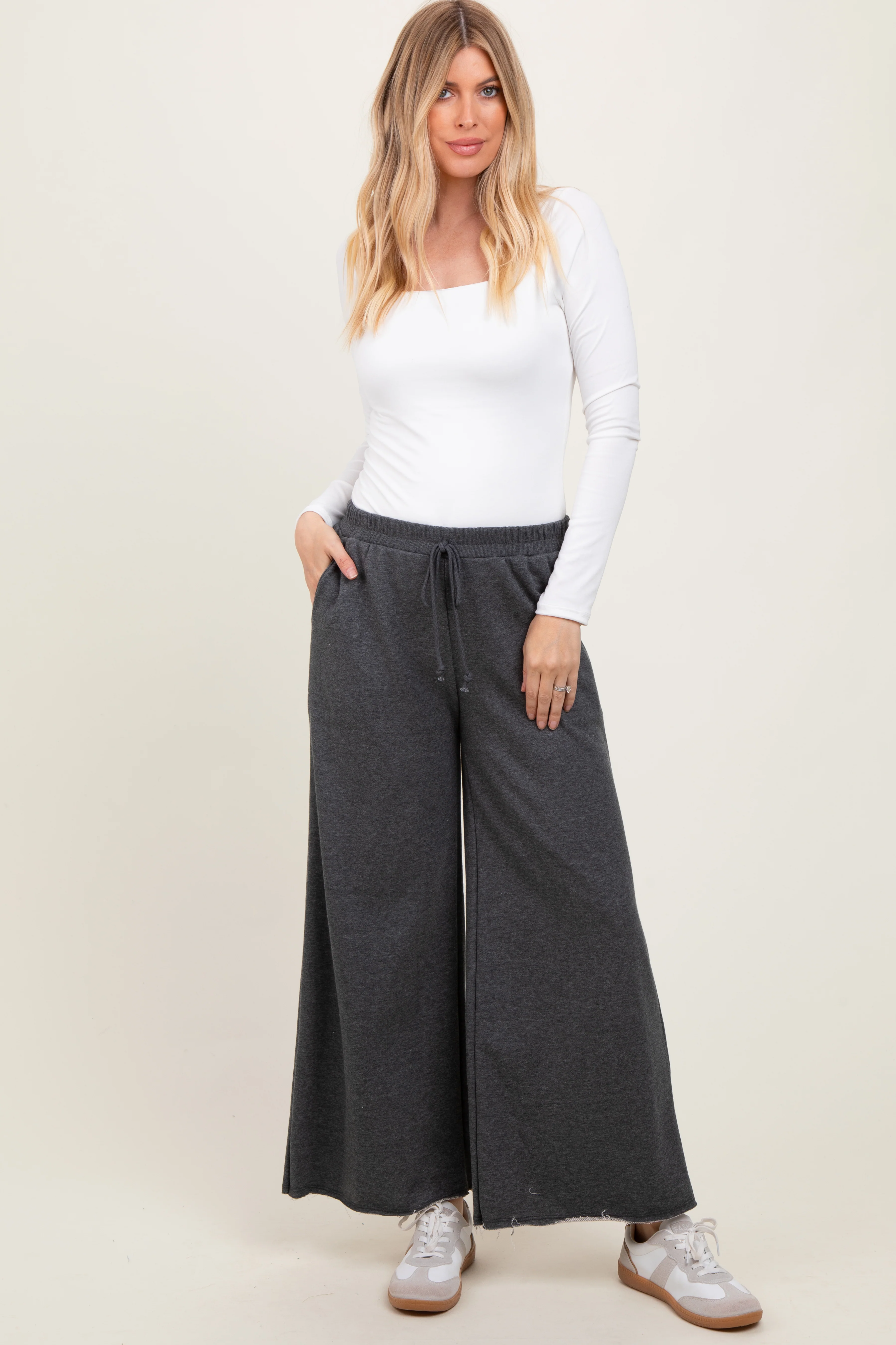 Charcoal French Terry Raw Edge Wide Leg Pants