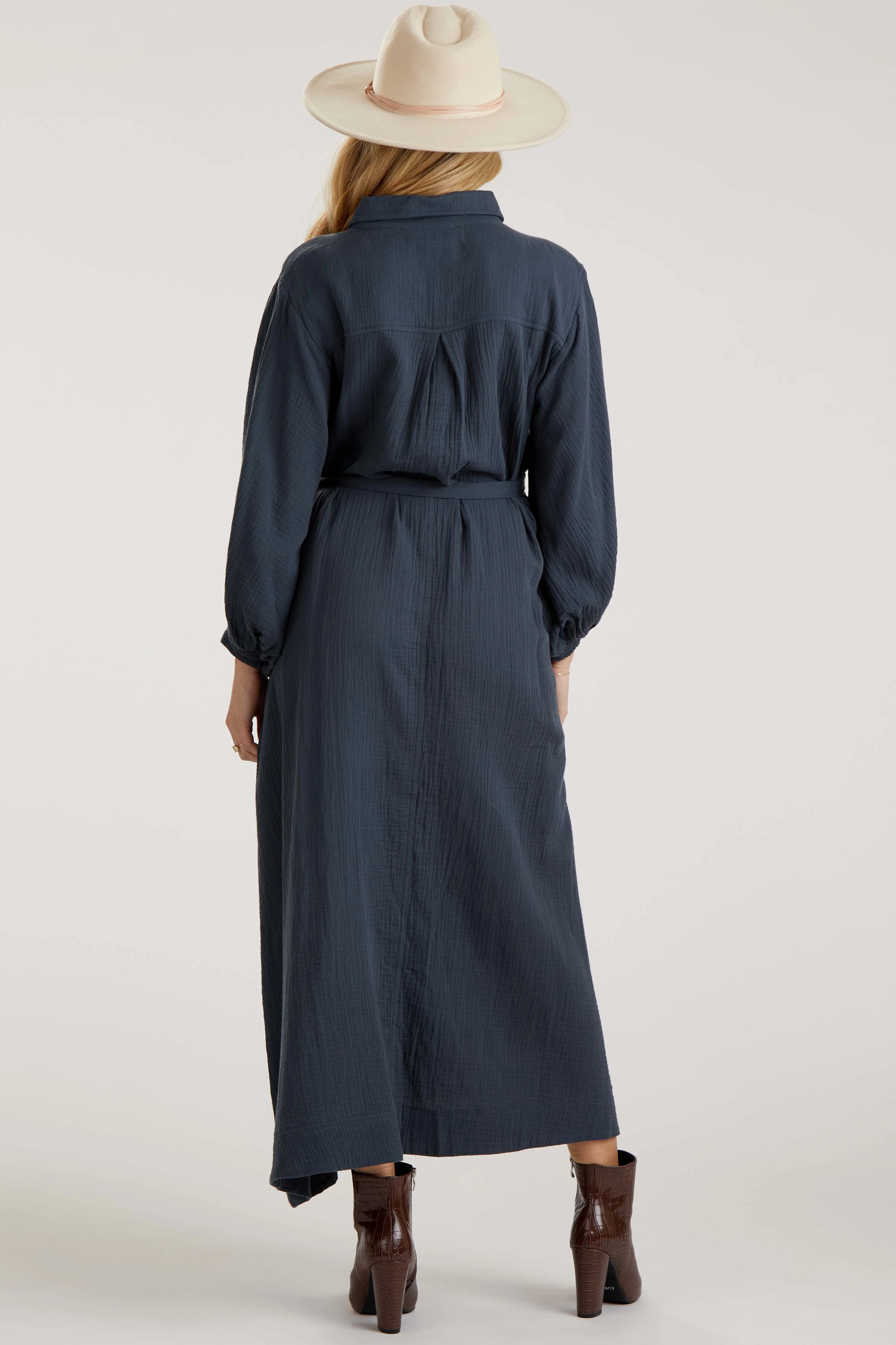 Charcoal Gauze Belted Shirt Maternity Midi Dress - Image 3