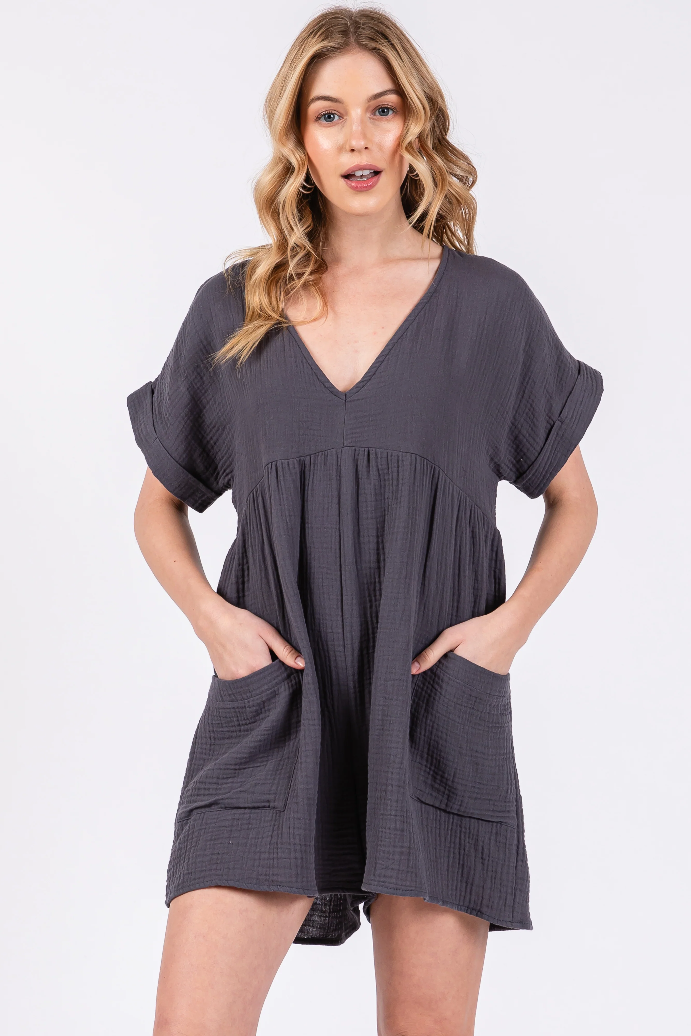Charcoal Gauze Short Sleeve Maternity Romper - Image 5