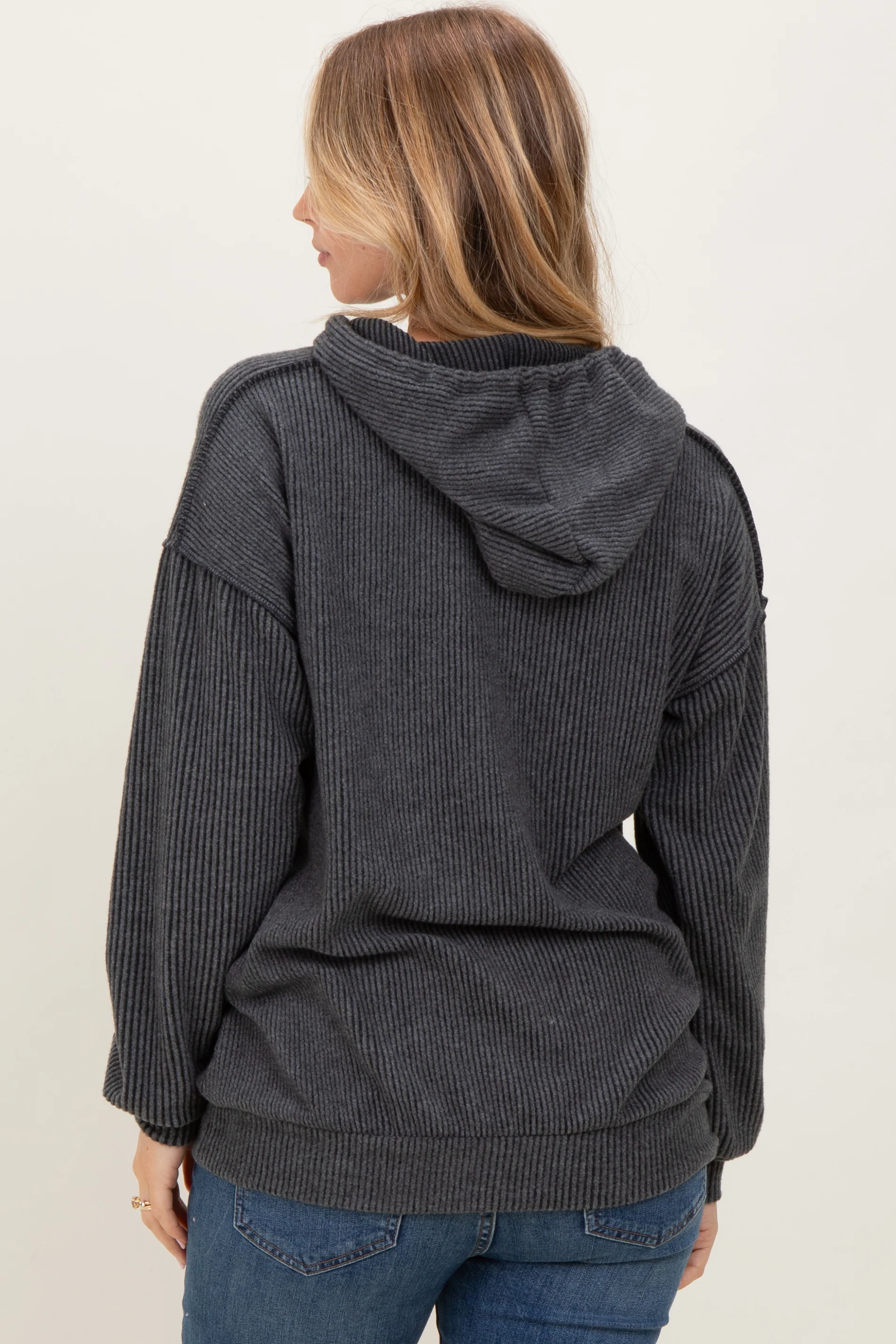 Charcoal Long Sleeve Brushed Urban Rib Hoodie Top - Image 4