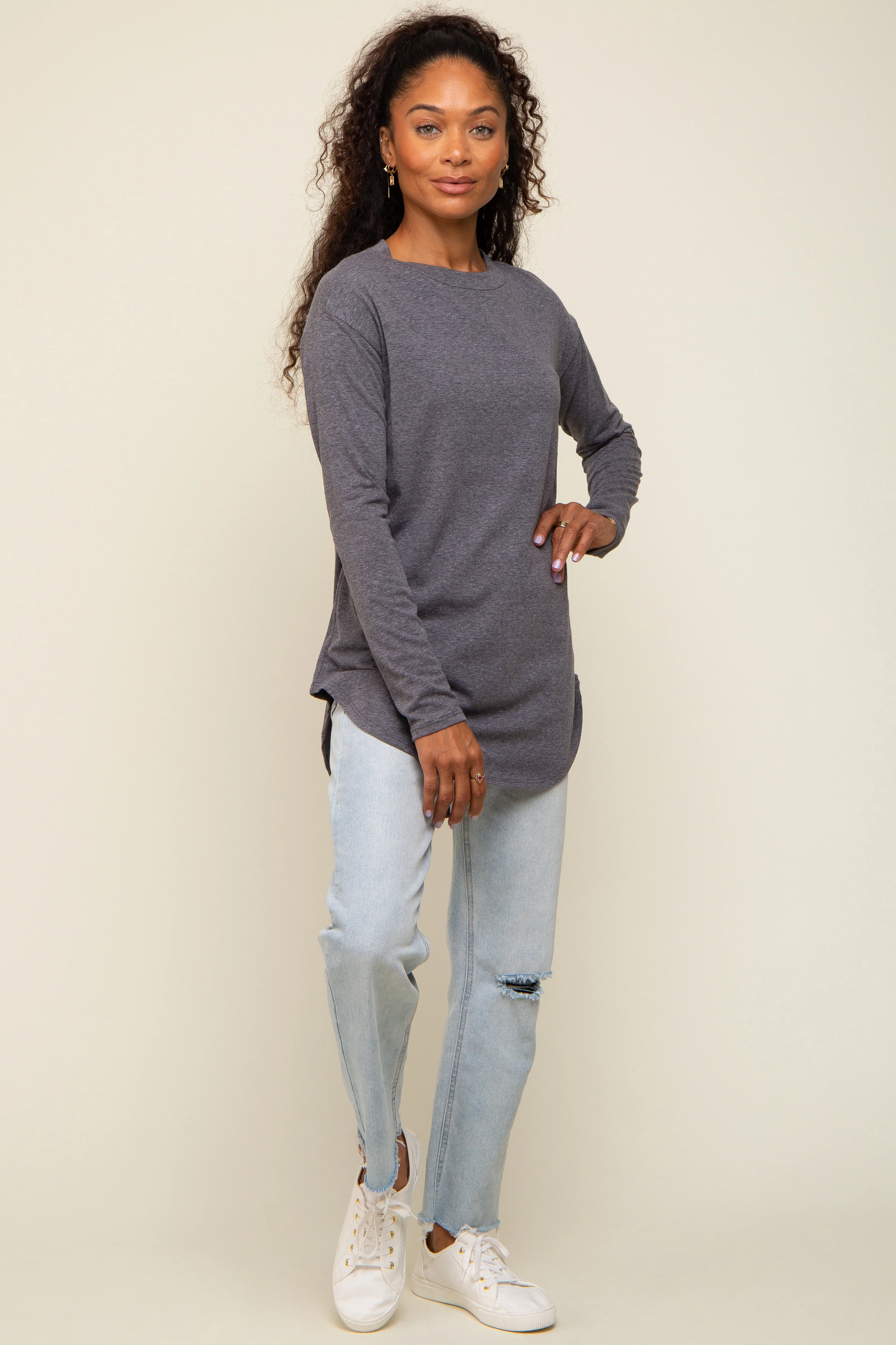 Charcoal Long Sleeve Curved Hem Top - Image 4