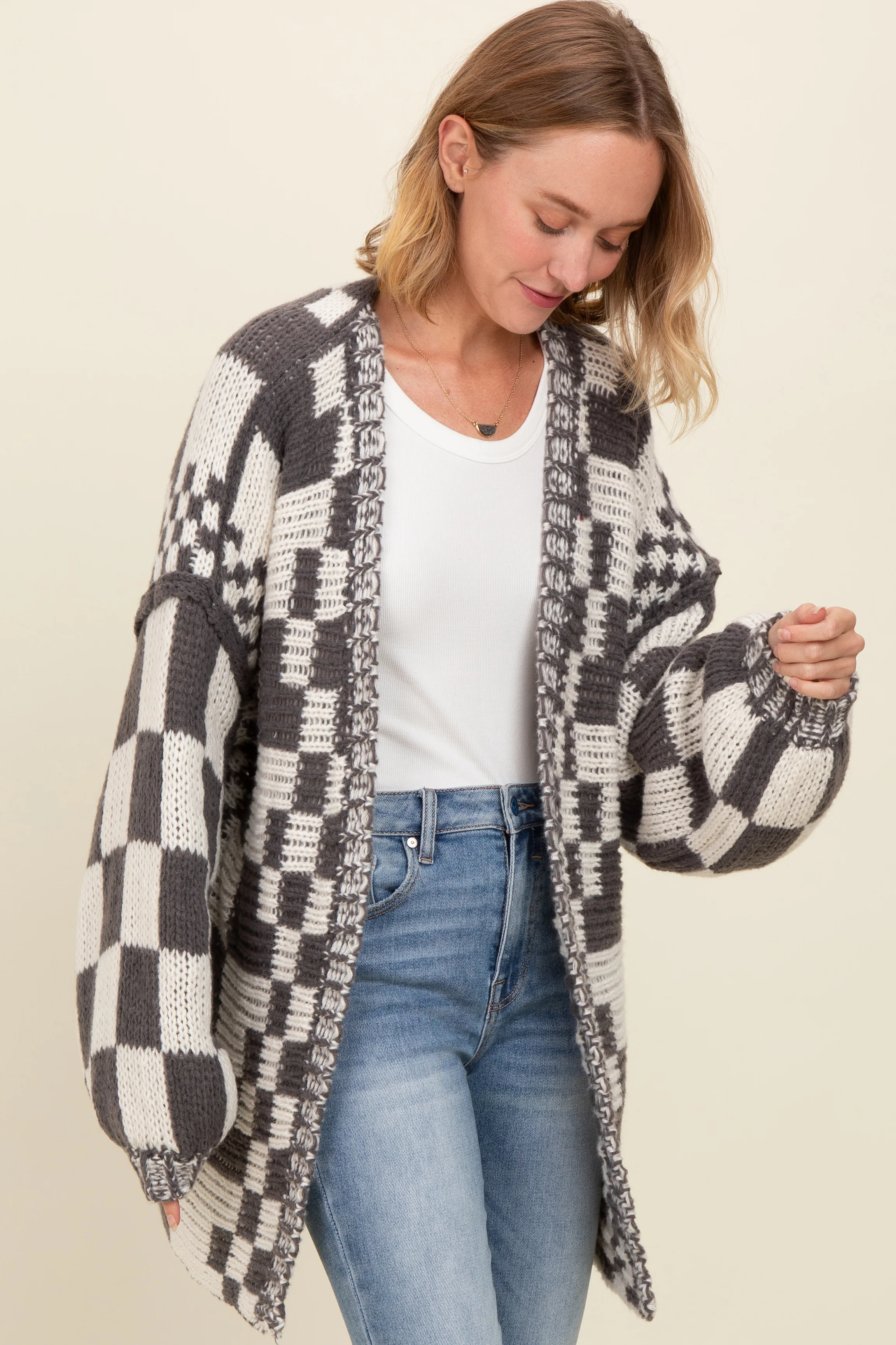 Charcoal Mixed Check Pattern Chunky Cardigan - Image 2