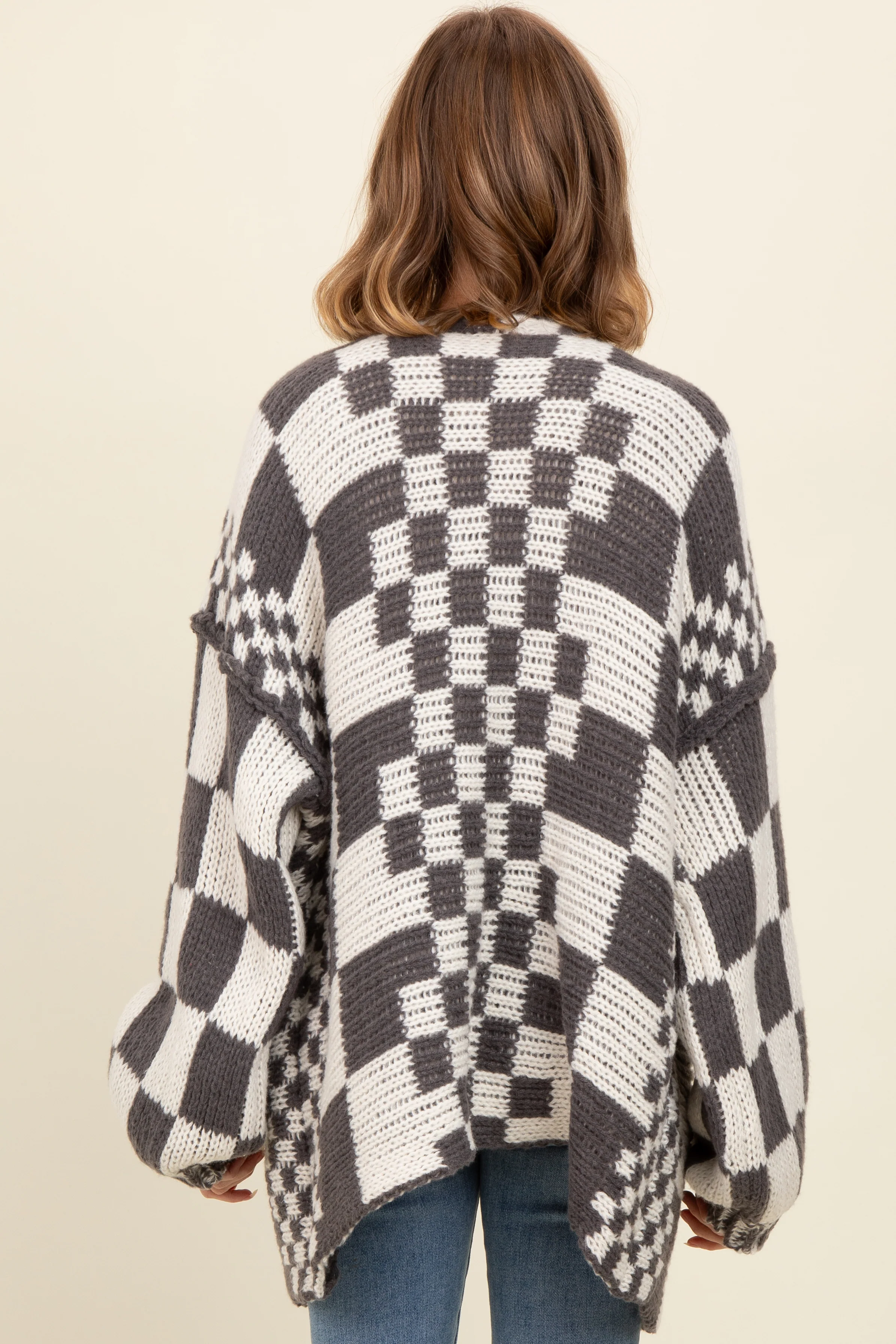 Charcoal Mixed Check Pattern Chunky Cardigan - Image 3