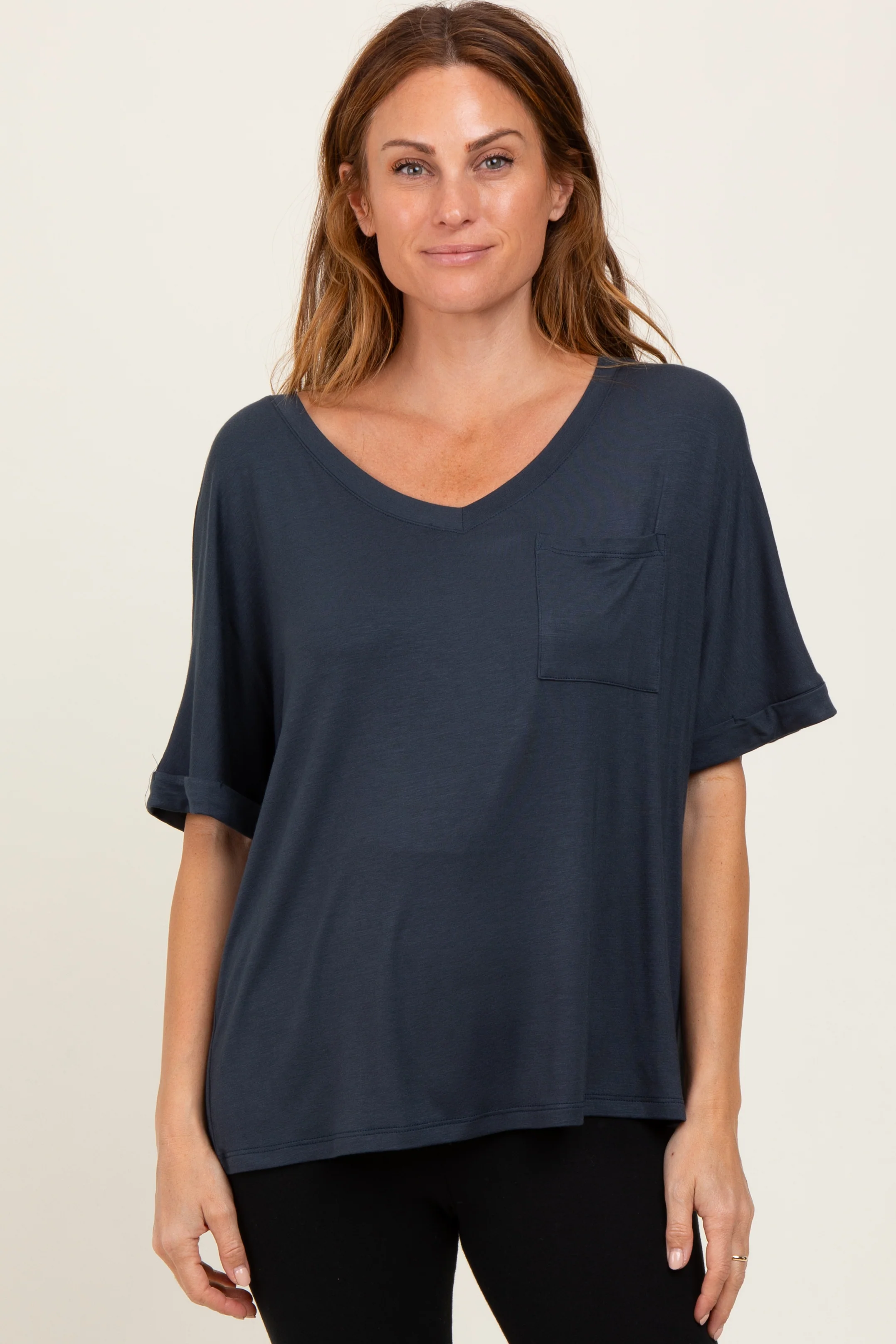Charcoal Oversized V-Neck Front Pocket Maternity T-Shirt - Image 4