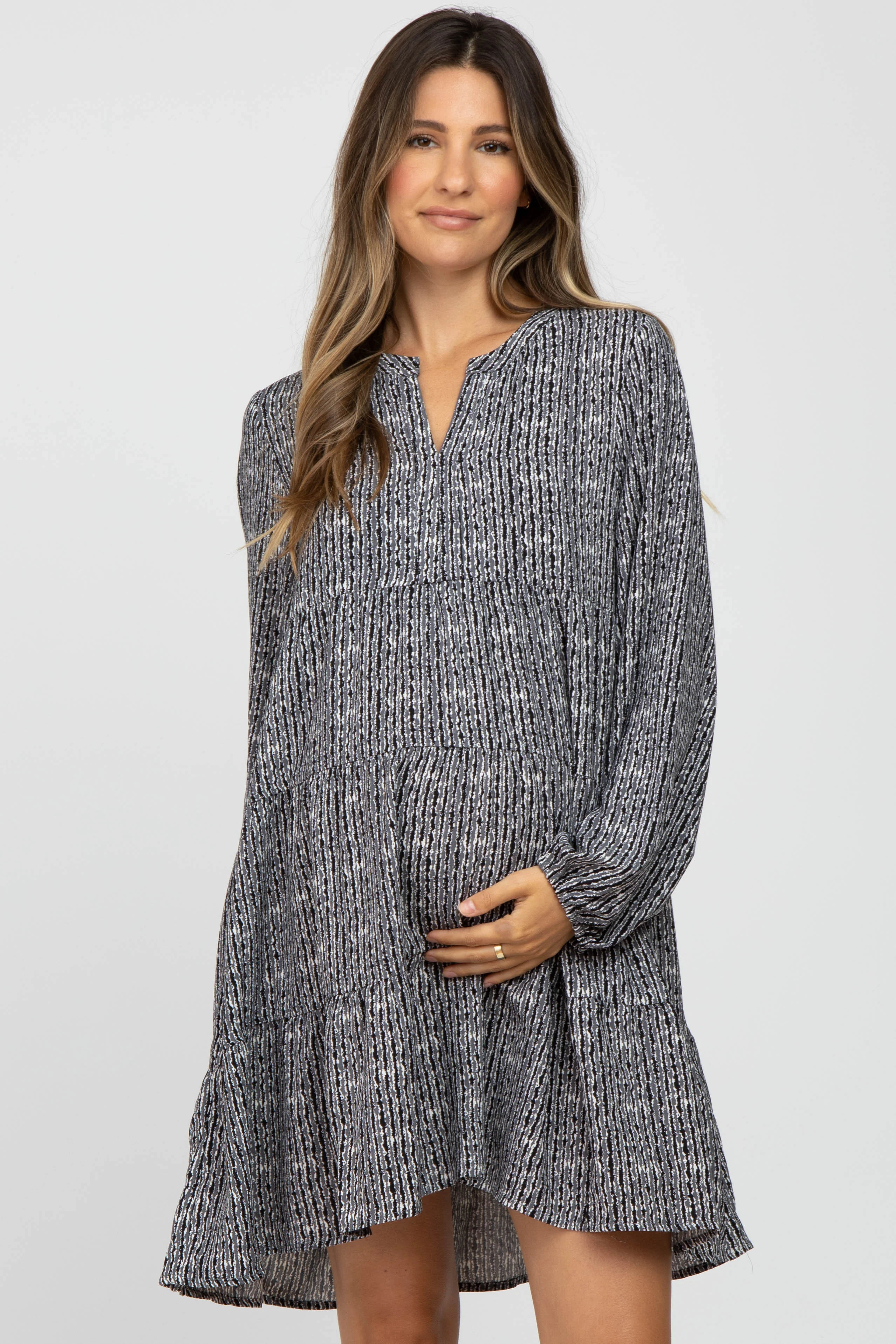 Charcoal Printed Tiered Maternity Dress - Image 5