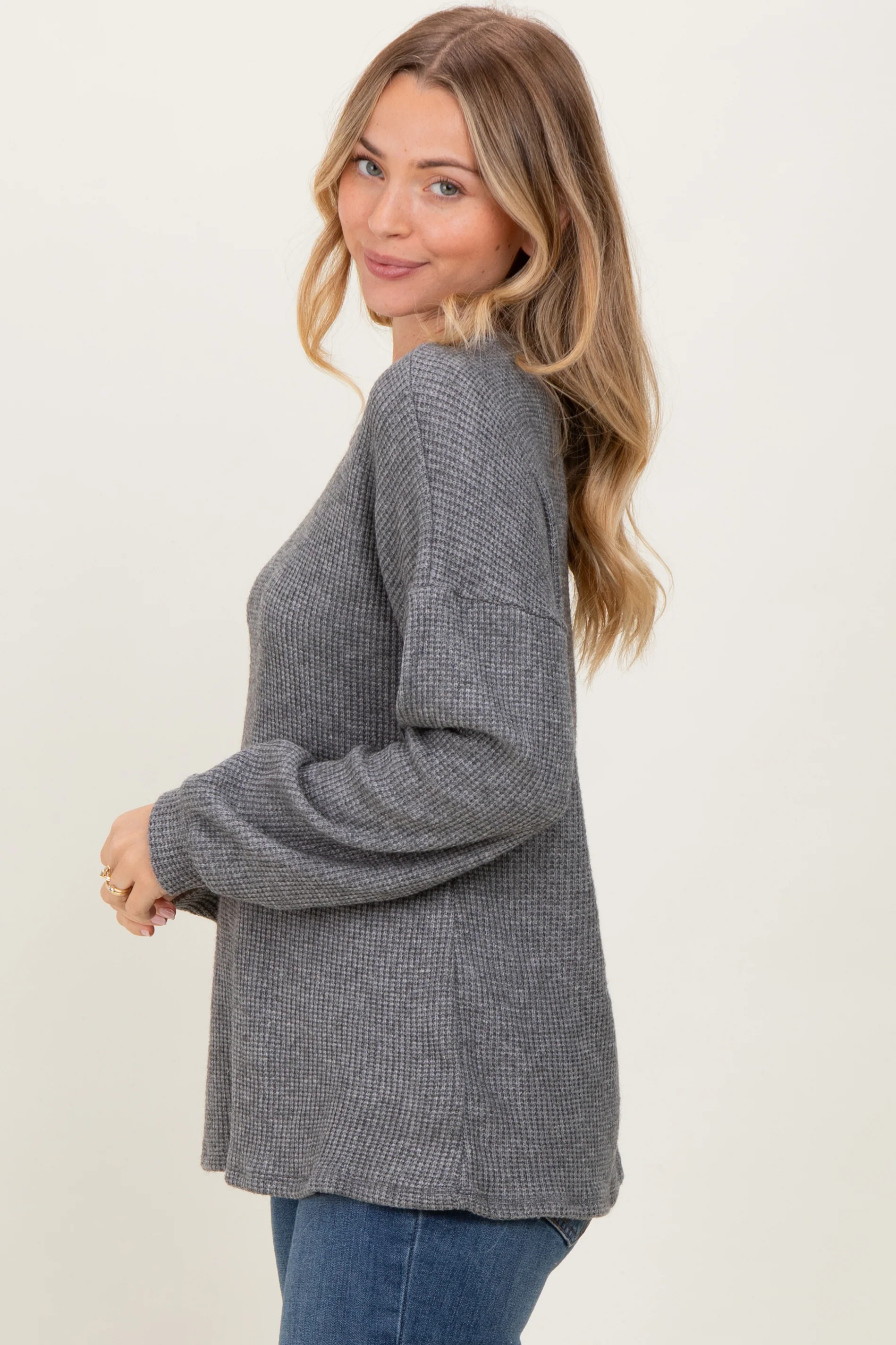 Charcoal Puff Sleeve Solid Sweater Top - Image 3