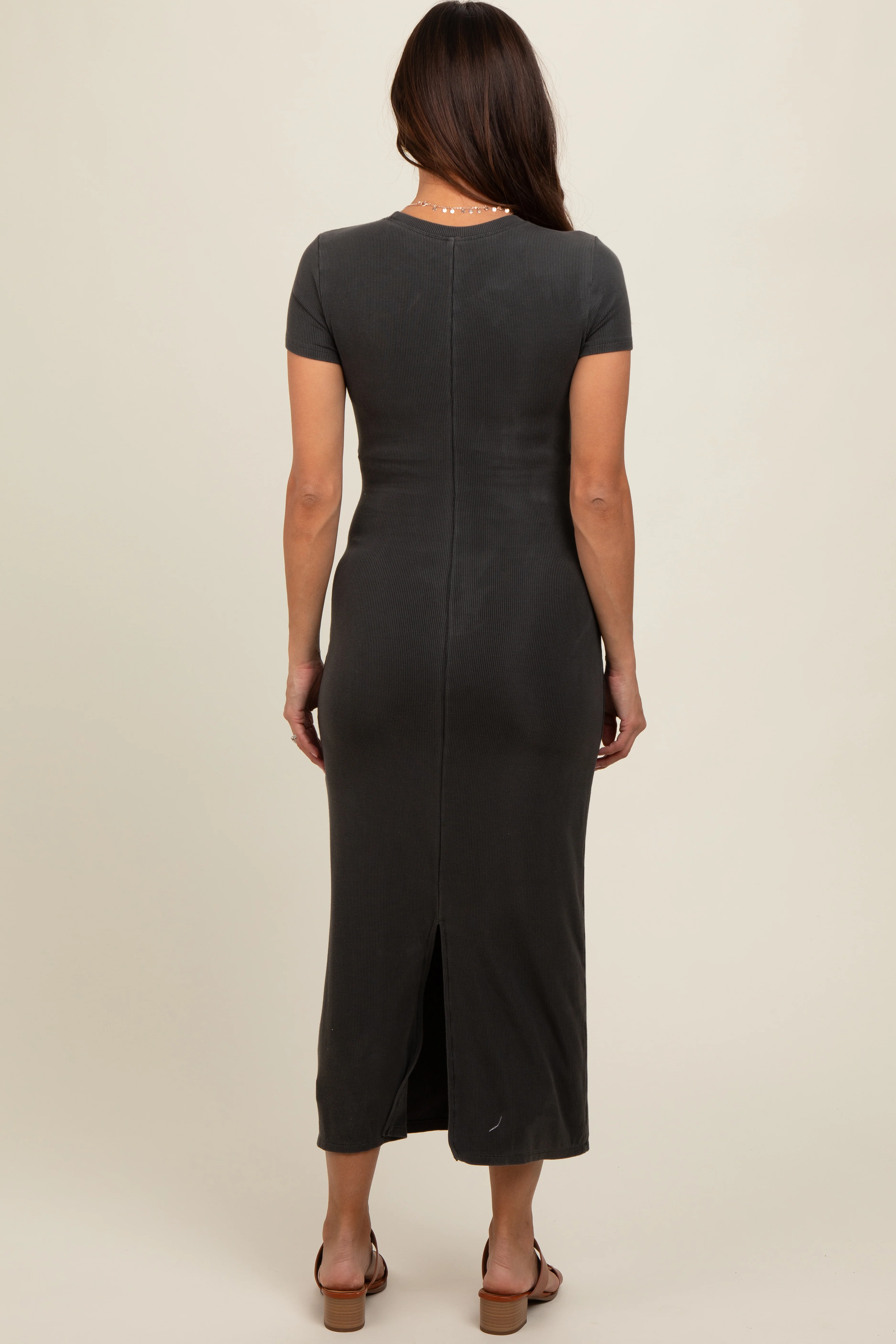 Charcoal Rib Knit Back Slit Maternity Dress - Image 4