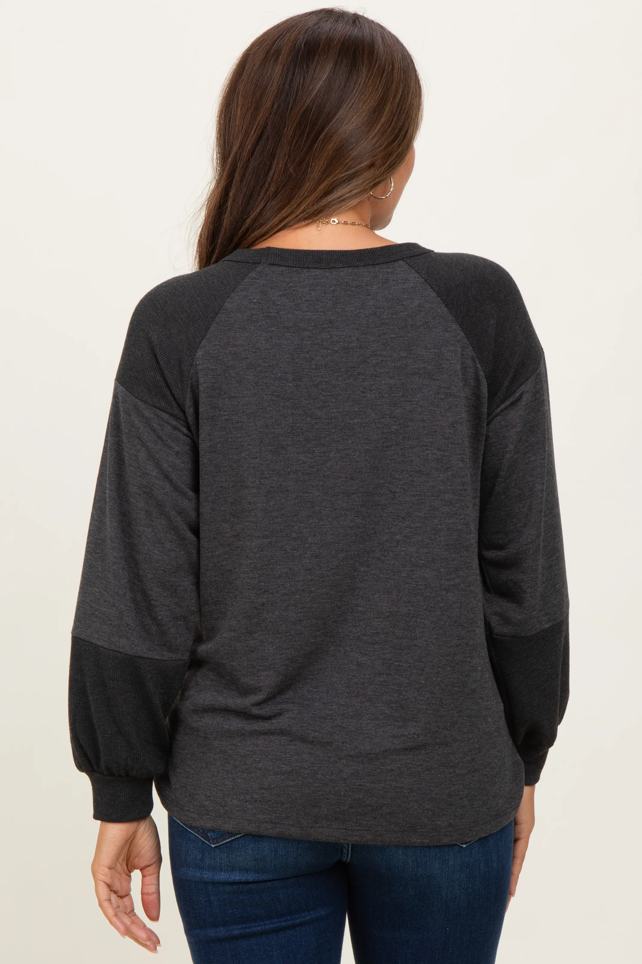 Charcoal Ribbed Bubble Sleeve Maternity Top - Image 3