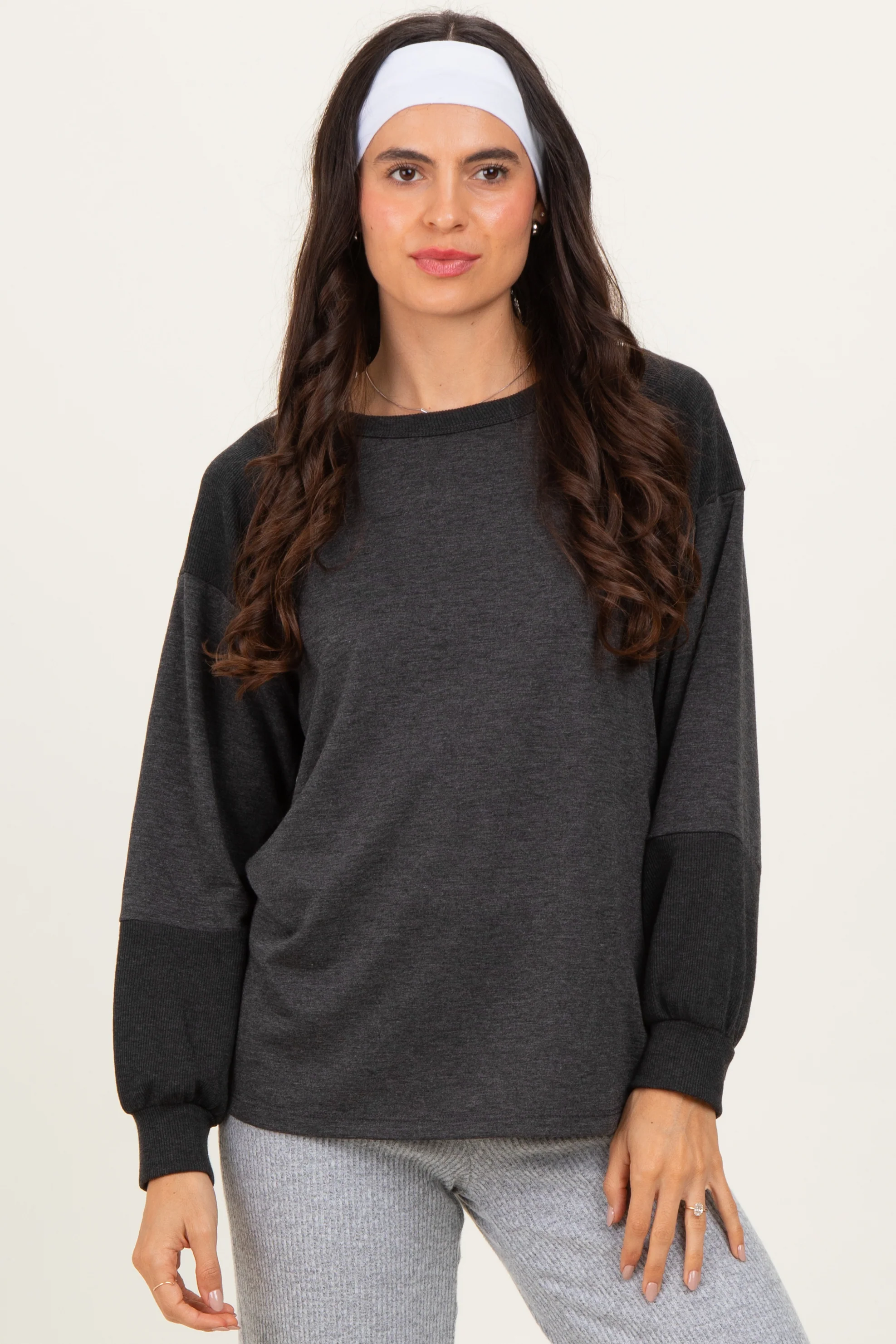 Charcoal Ribbed Bubble Sleeve Maternity Top - Image 4