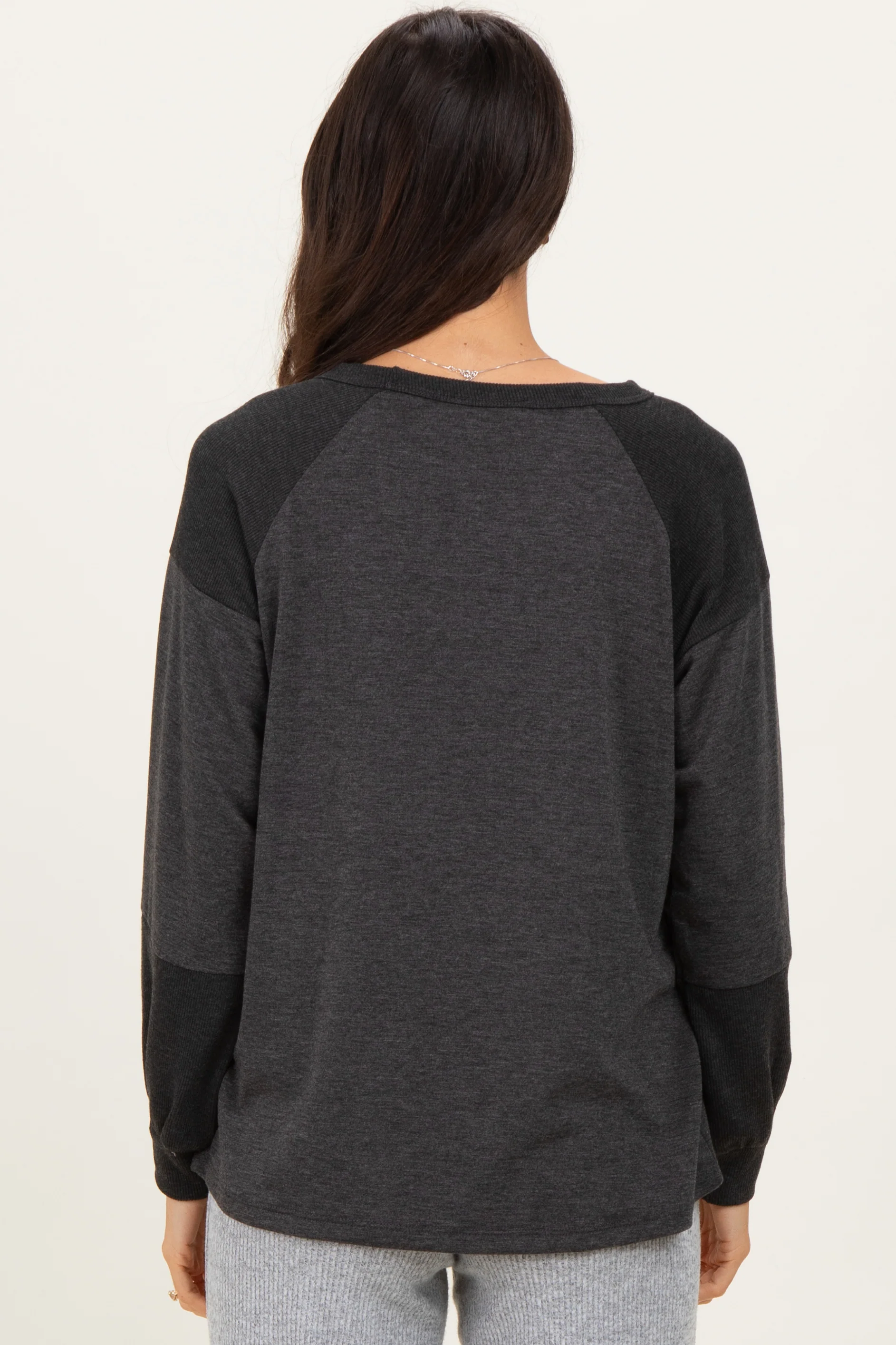 Charcoal Ribbed Bubble Sleeve Top - Image 4