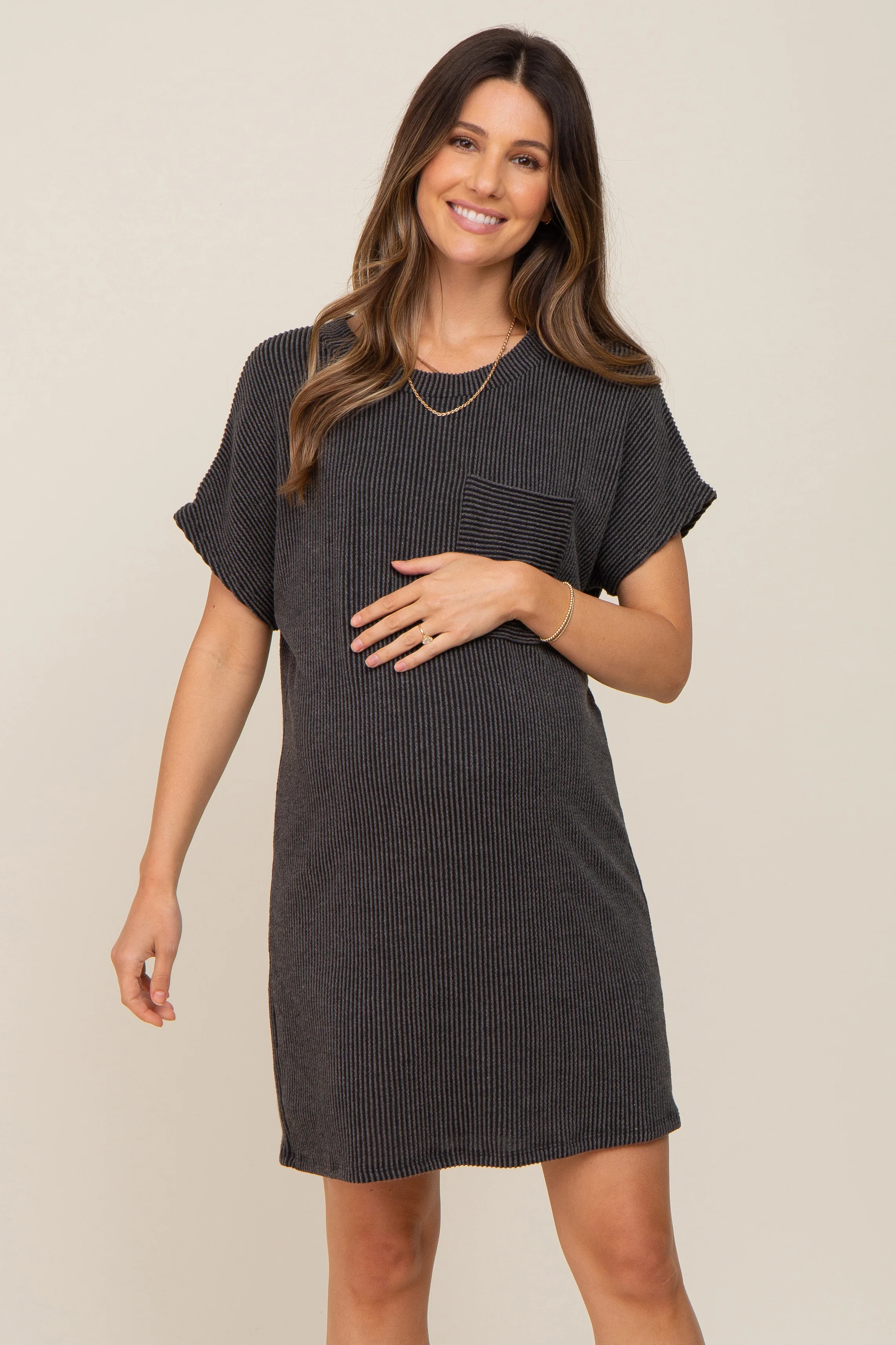 Charcoal Ribbed Front Pocket Dolman Short Sleeve Maternity Dress - Image 2