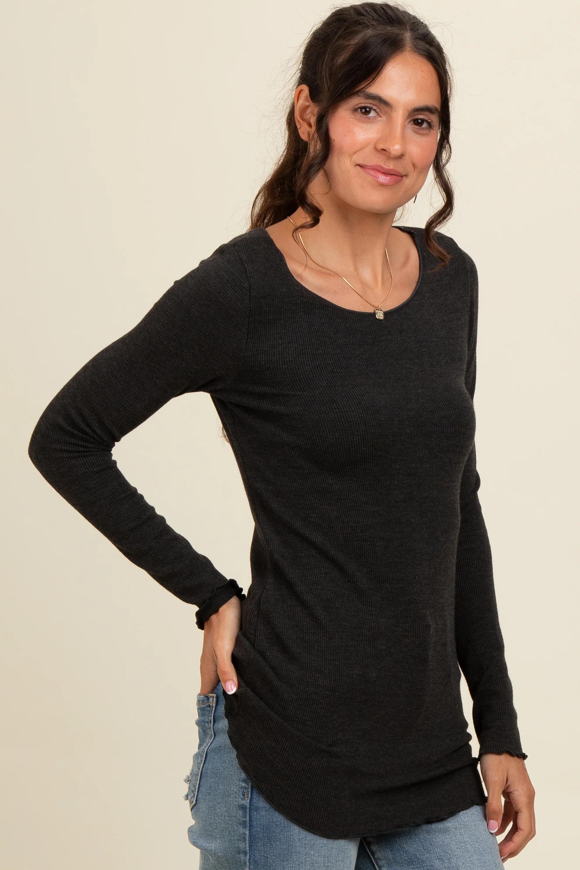 Charcoal Ribbed Knit Long Sleeve Lettuce Hem Top - Image 3
