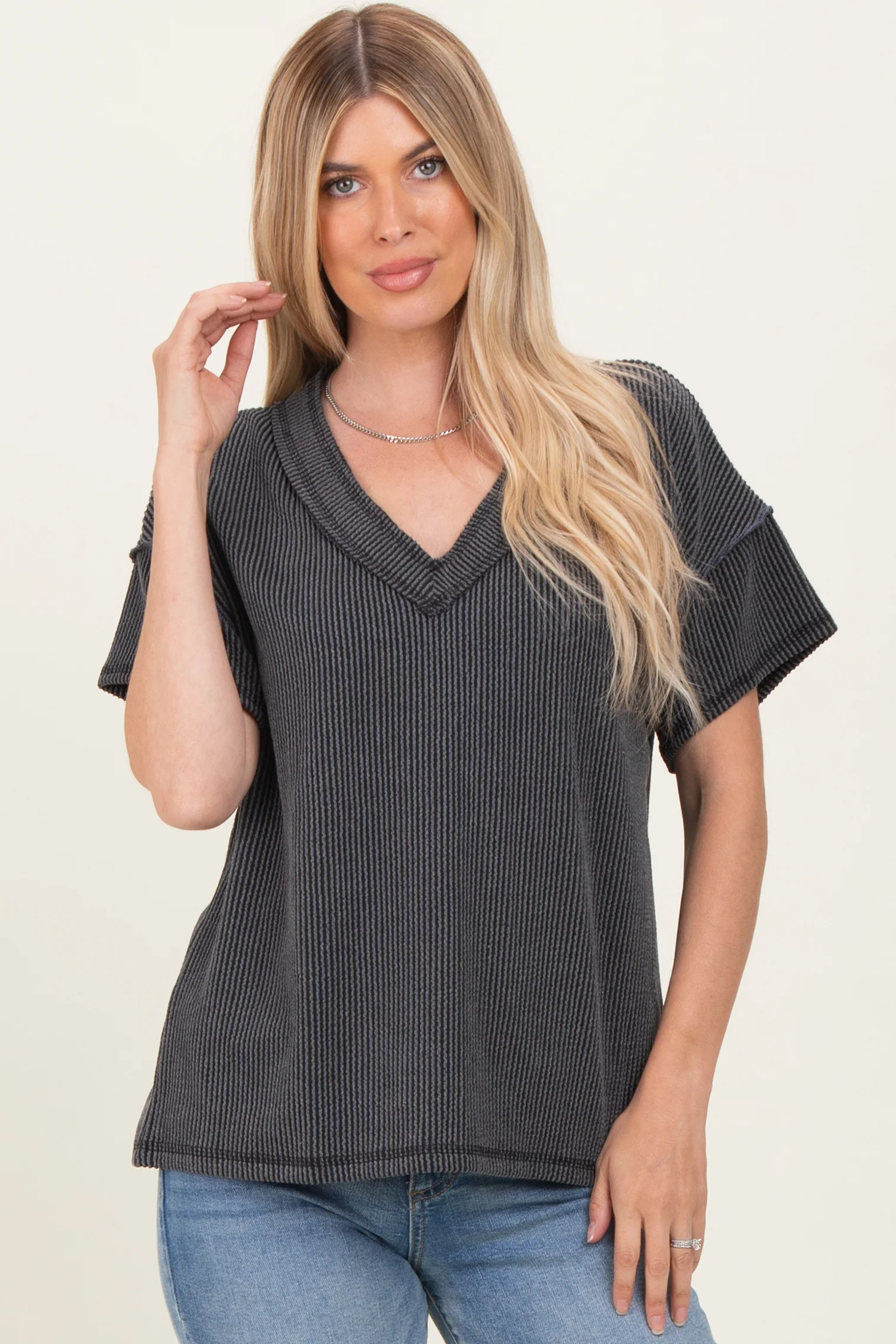 Charcoal Ribbed Short Sleeve V-Neck Reverse Stitch Maternity Top - Image 5