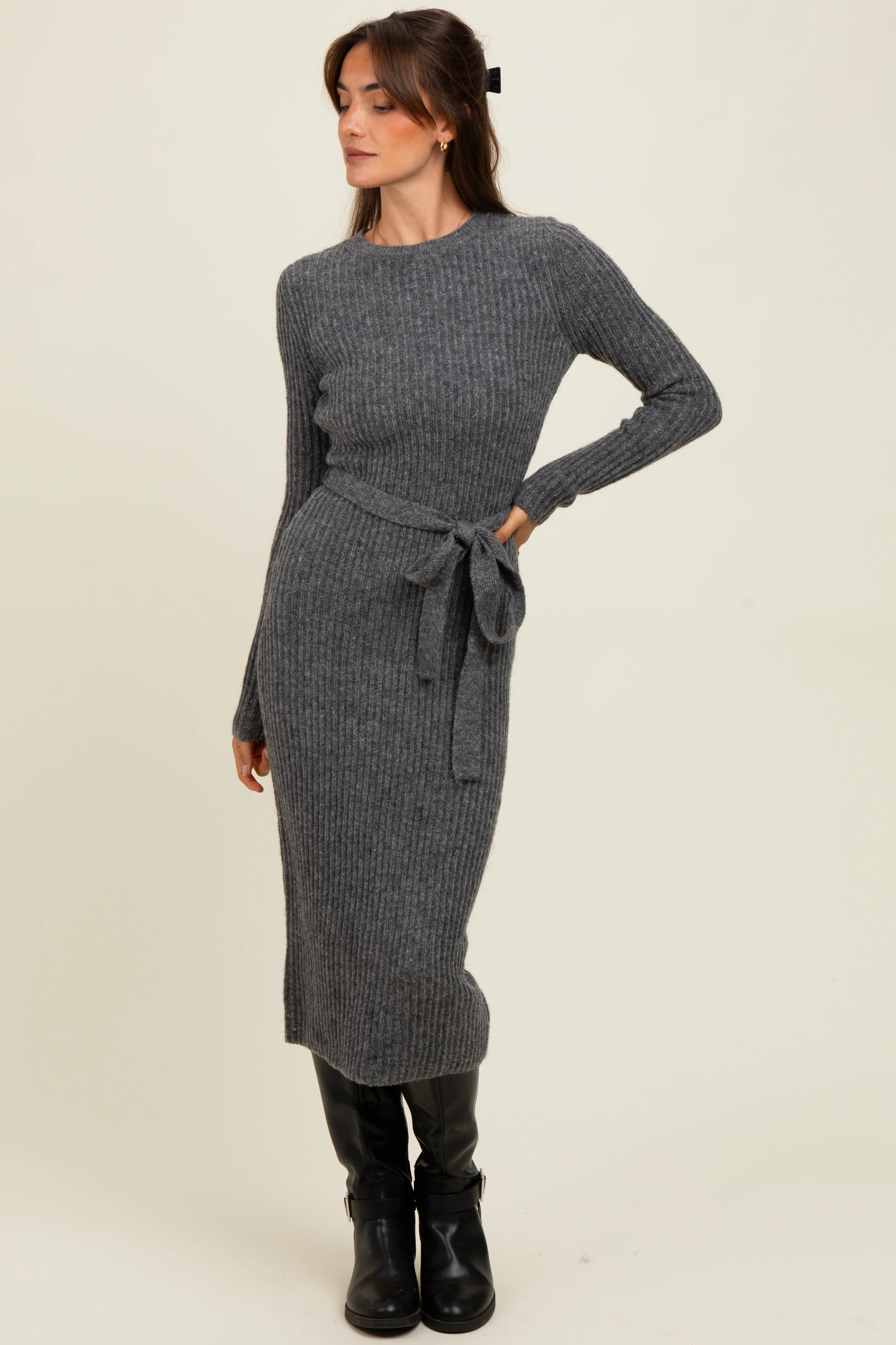 Charcoal Ribbed Tie Waist Maternity Sweater Dress - Image 5