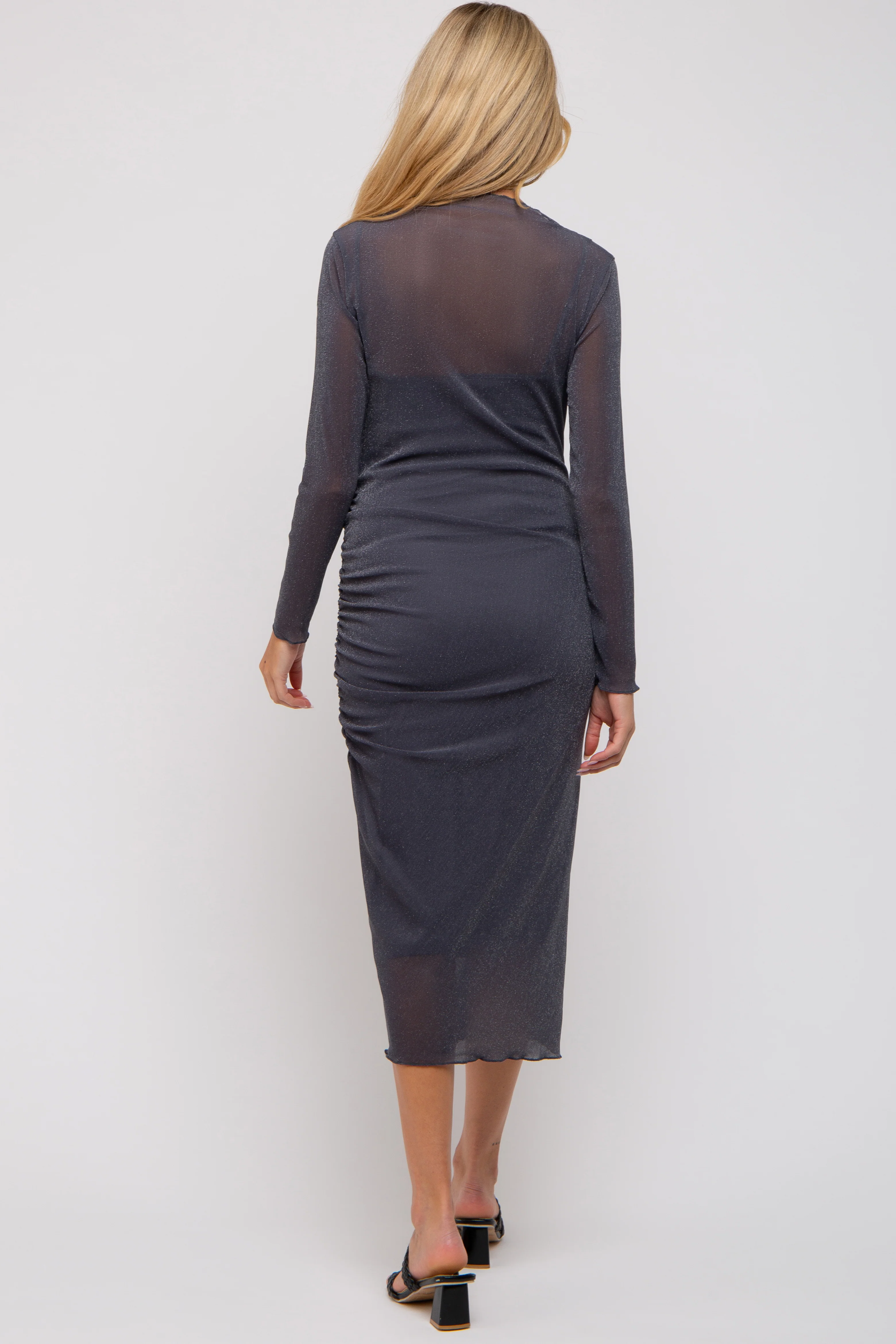Charcoal Shimmer Mesh Long Sleeve Ruched Maternity Midi Dress - Image 3