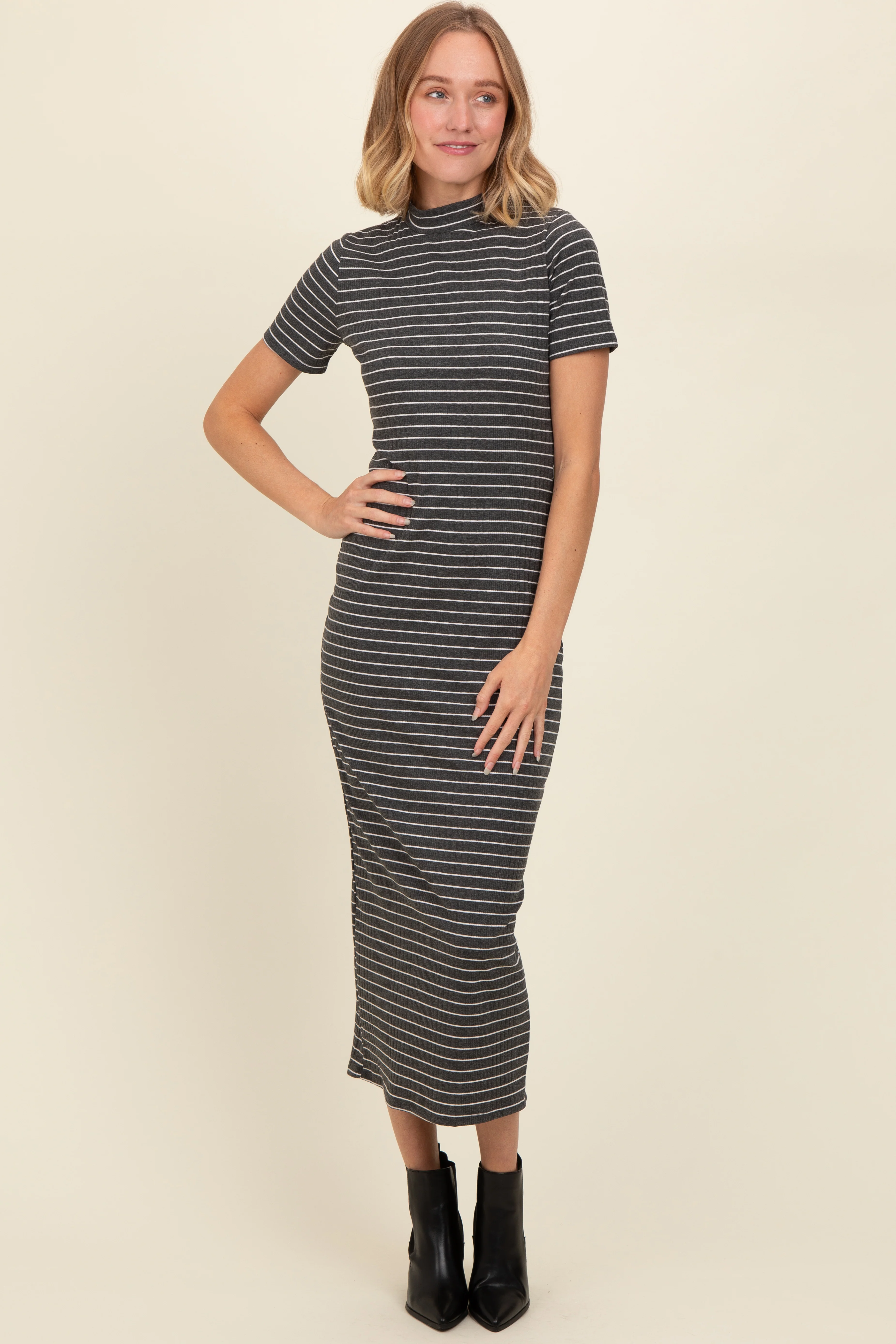 Charcoal Striped Mock Neck Fitted Maternity Midi Dress - Image 5