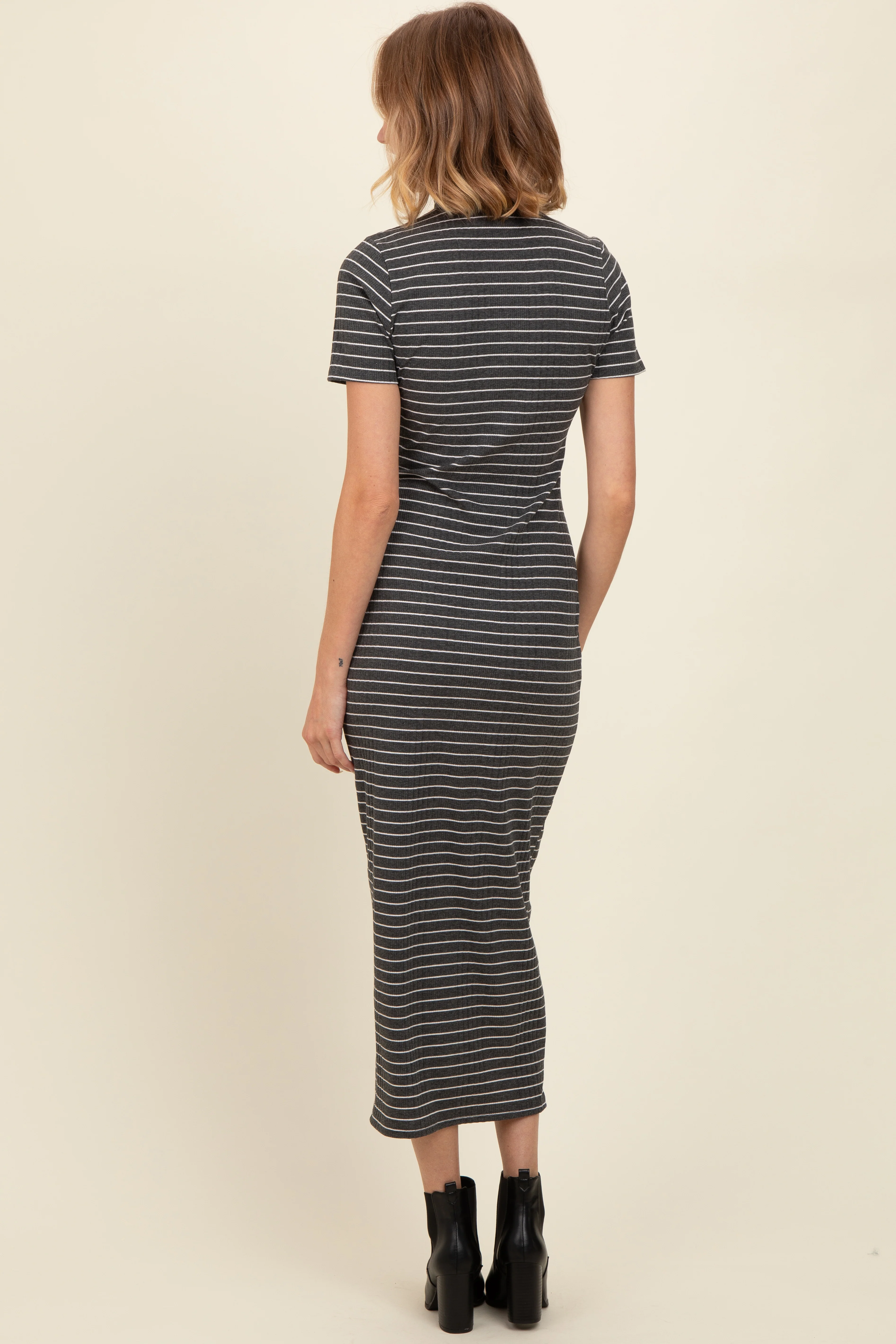 Charcoal Striped Mock Neck Fitted Midi Dress - Image 3