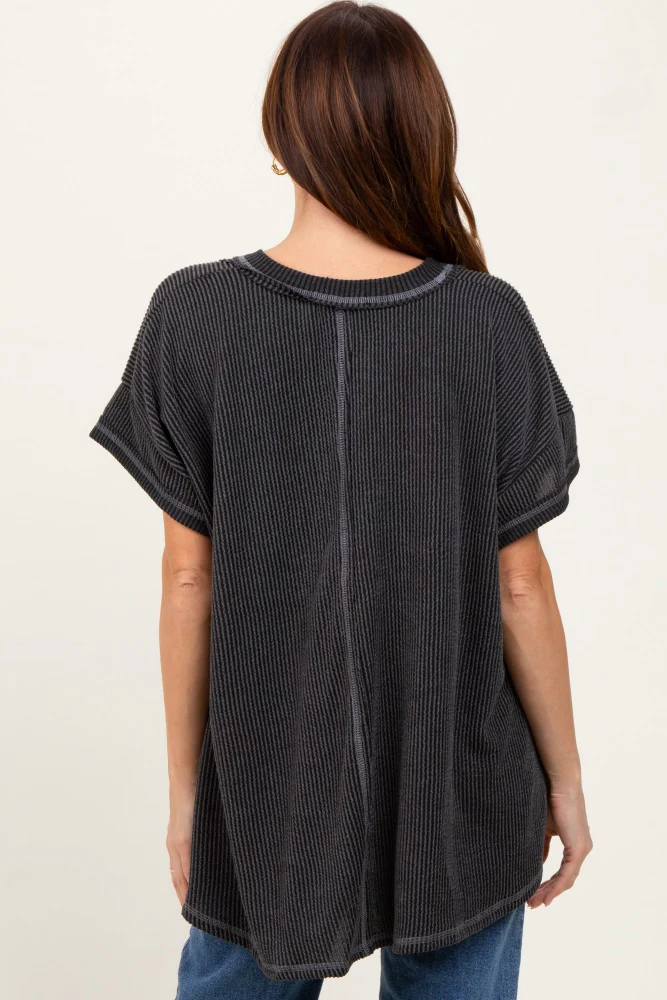 Charcoal Striped Ribbed V-Neck Oversized Short Sleeve Top - Image 3