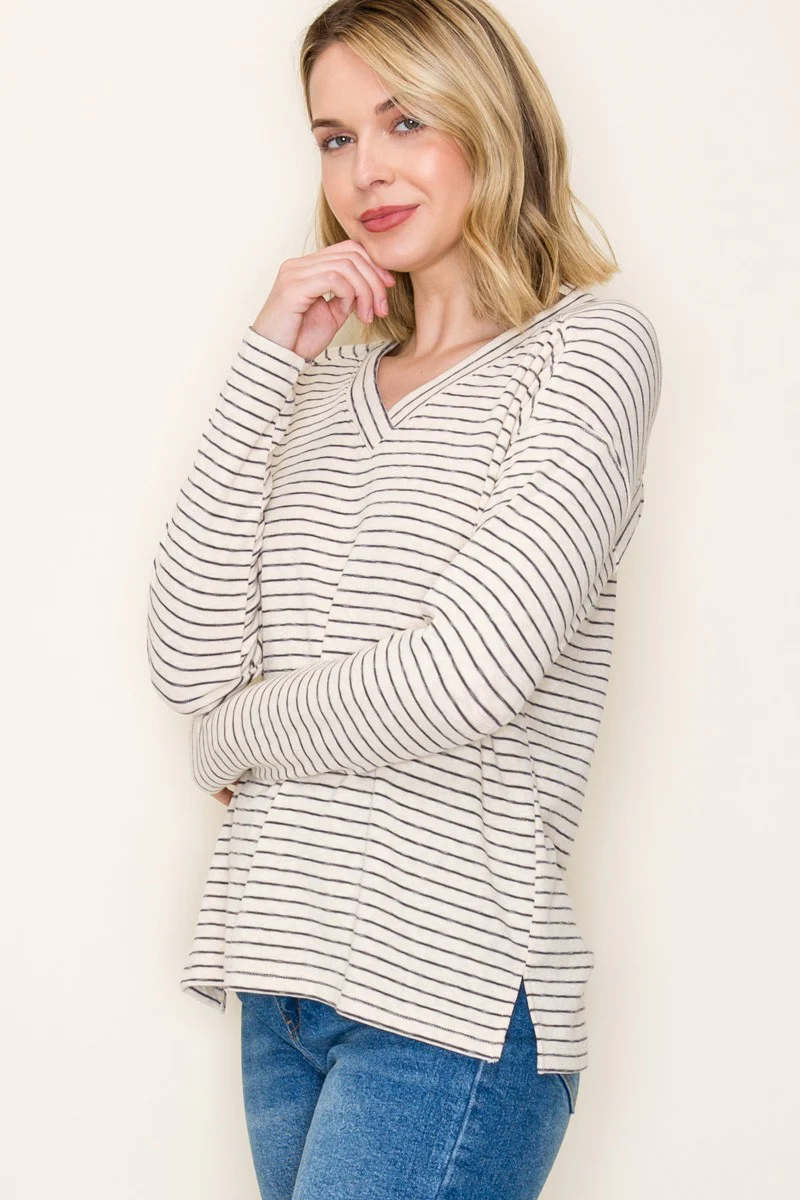 Charcoal Striped V-Neck Long Sleeve Top - Image 3