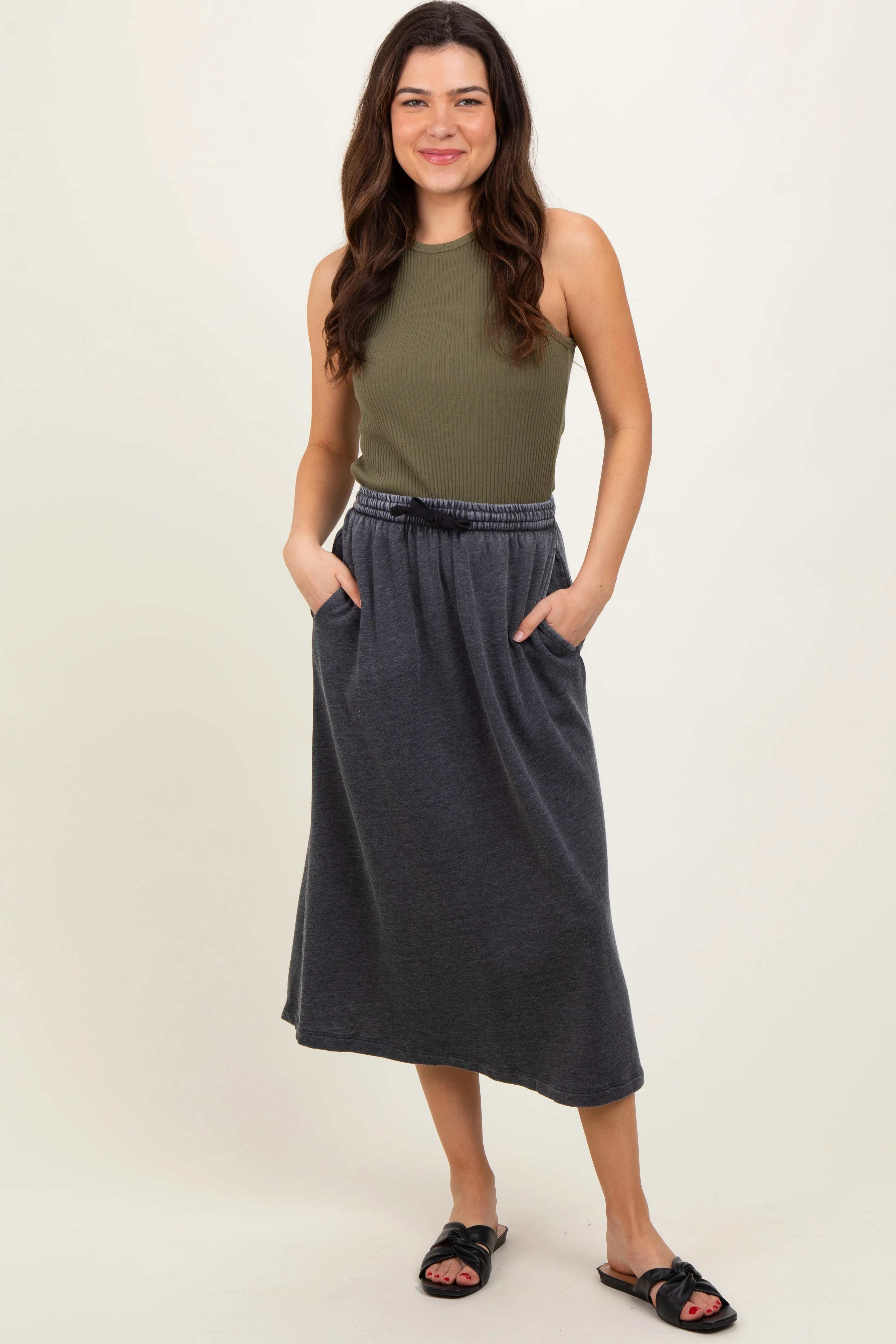 Charcoal Terry Drawstring Maternity Midi Skirt - Image 5