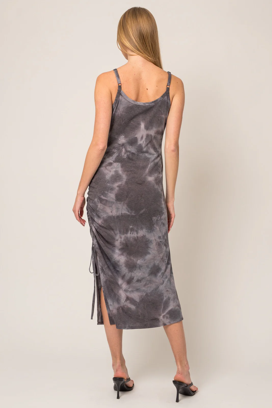 Charcoal Tie Dye Waffle Knit Side Ruched Midi Dress - Image 3