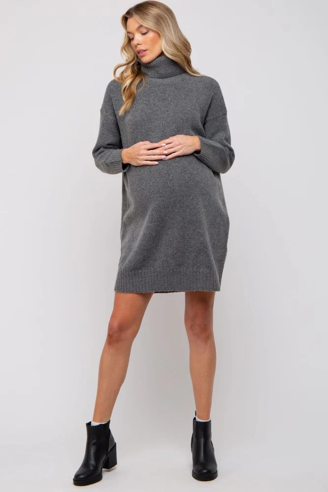 Charcoal Turtleneck Maternity Sweater Mini Dress - Image 2