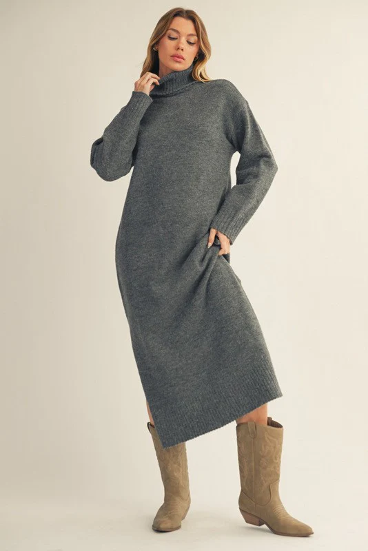 Charcoal Turtleneck Sweater Midi Dress