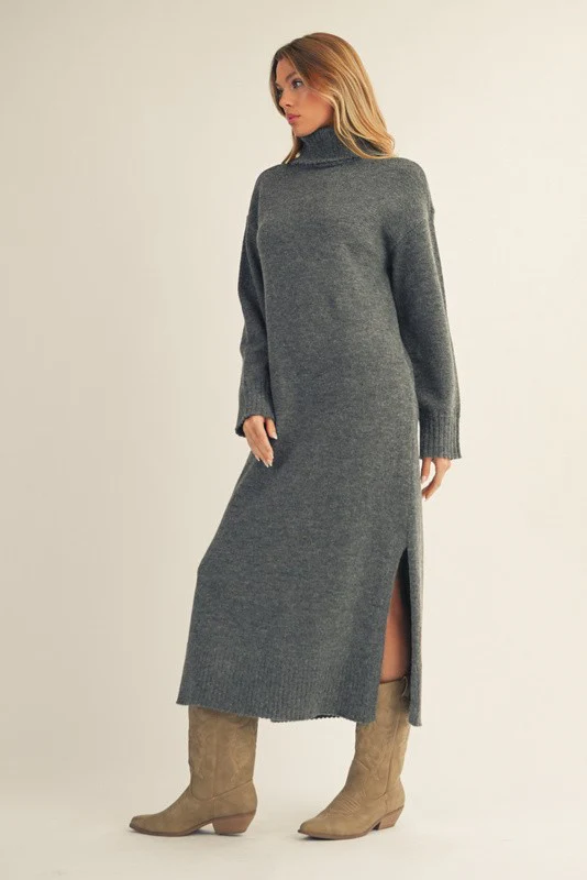 Charcoal Turtleneck Sweater Midi Dress - Image 3