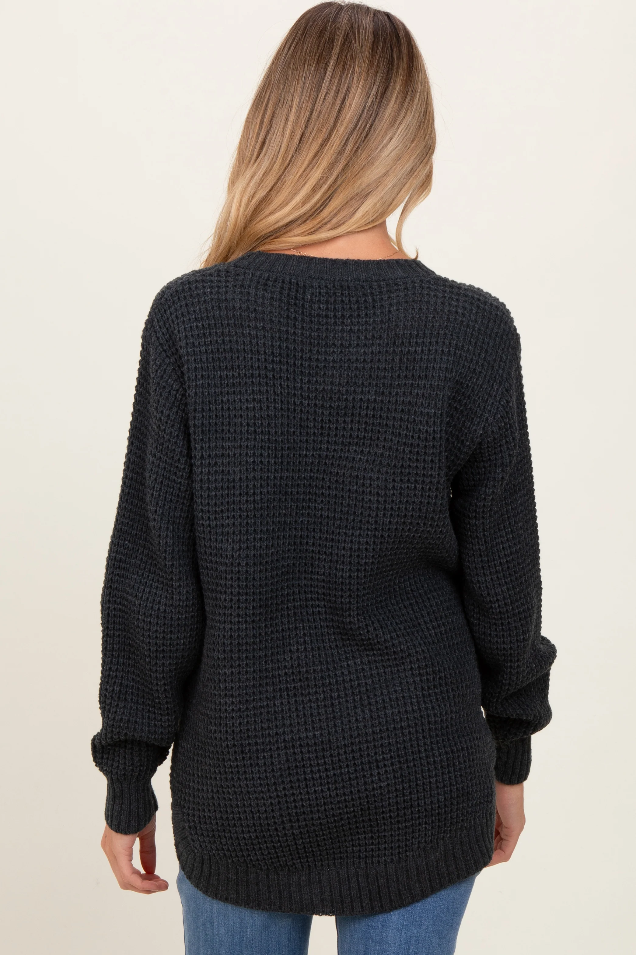 Charcoal Waffle Knit Rounded Hem Maternity Sweater - Image 3