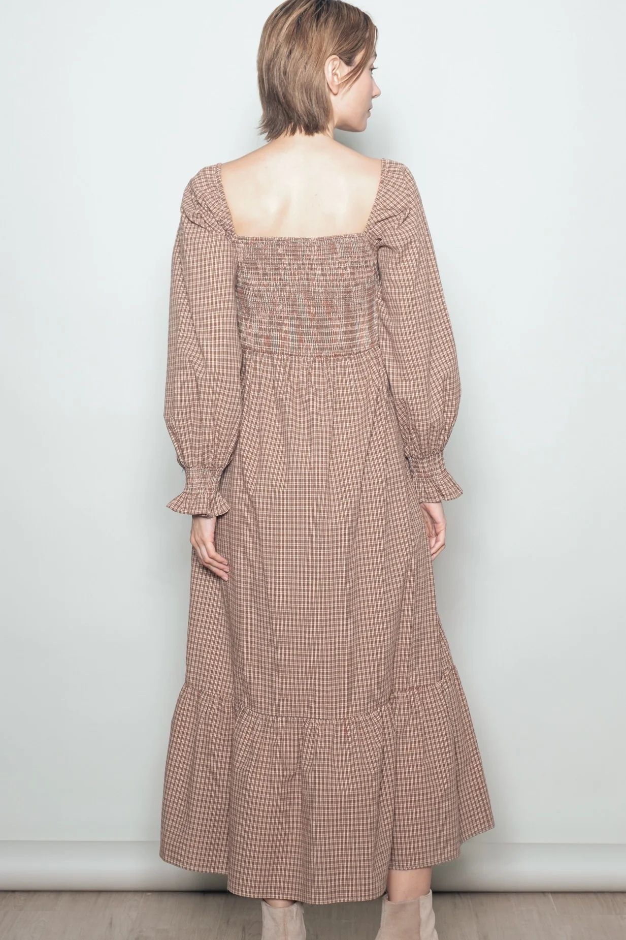 Chestnut Plaid Square Neck Long Sleeve Maxi Dress - Image 4