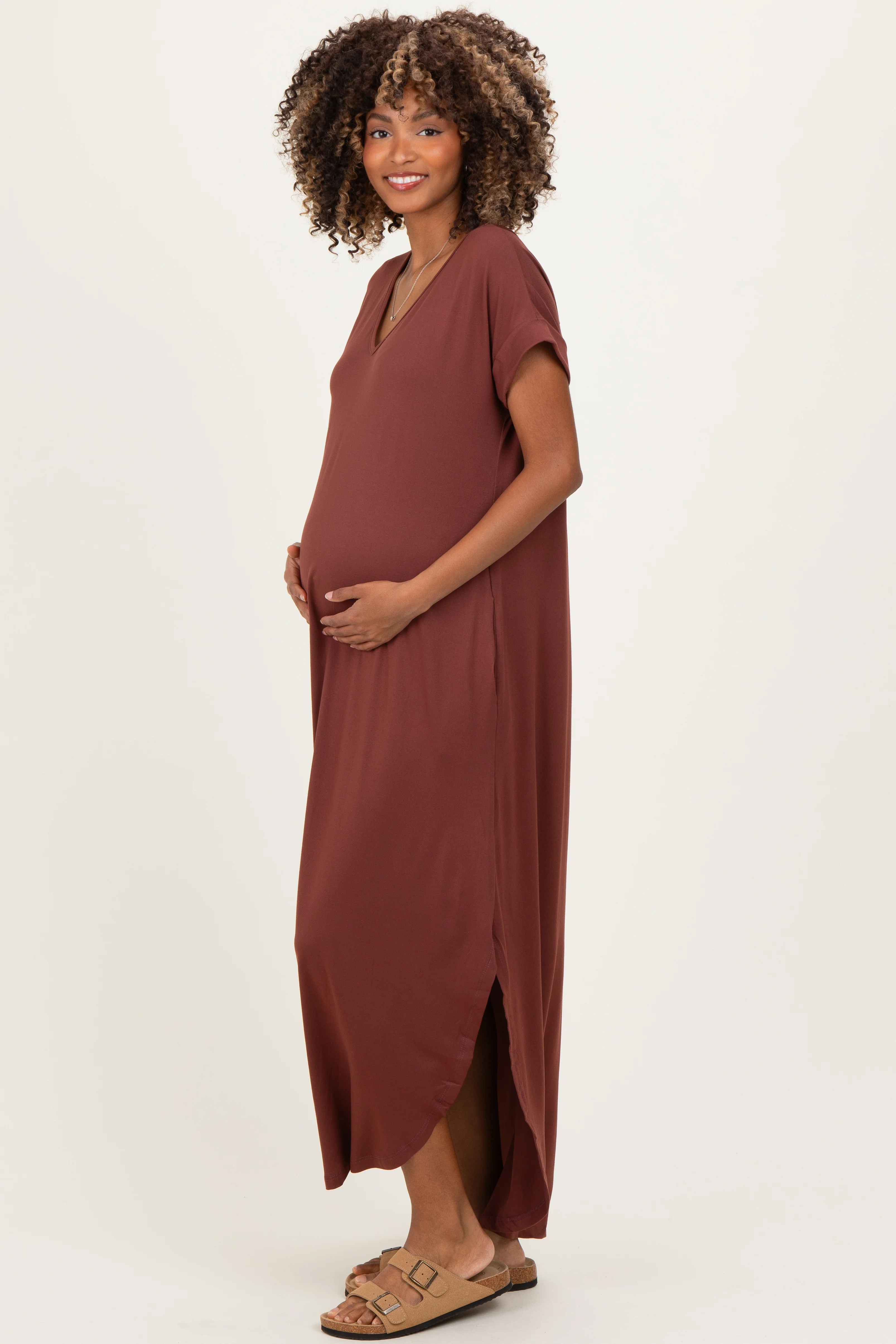 Chocolate Side Slit Maternity Maxi Dress - Image 3