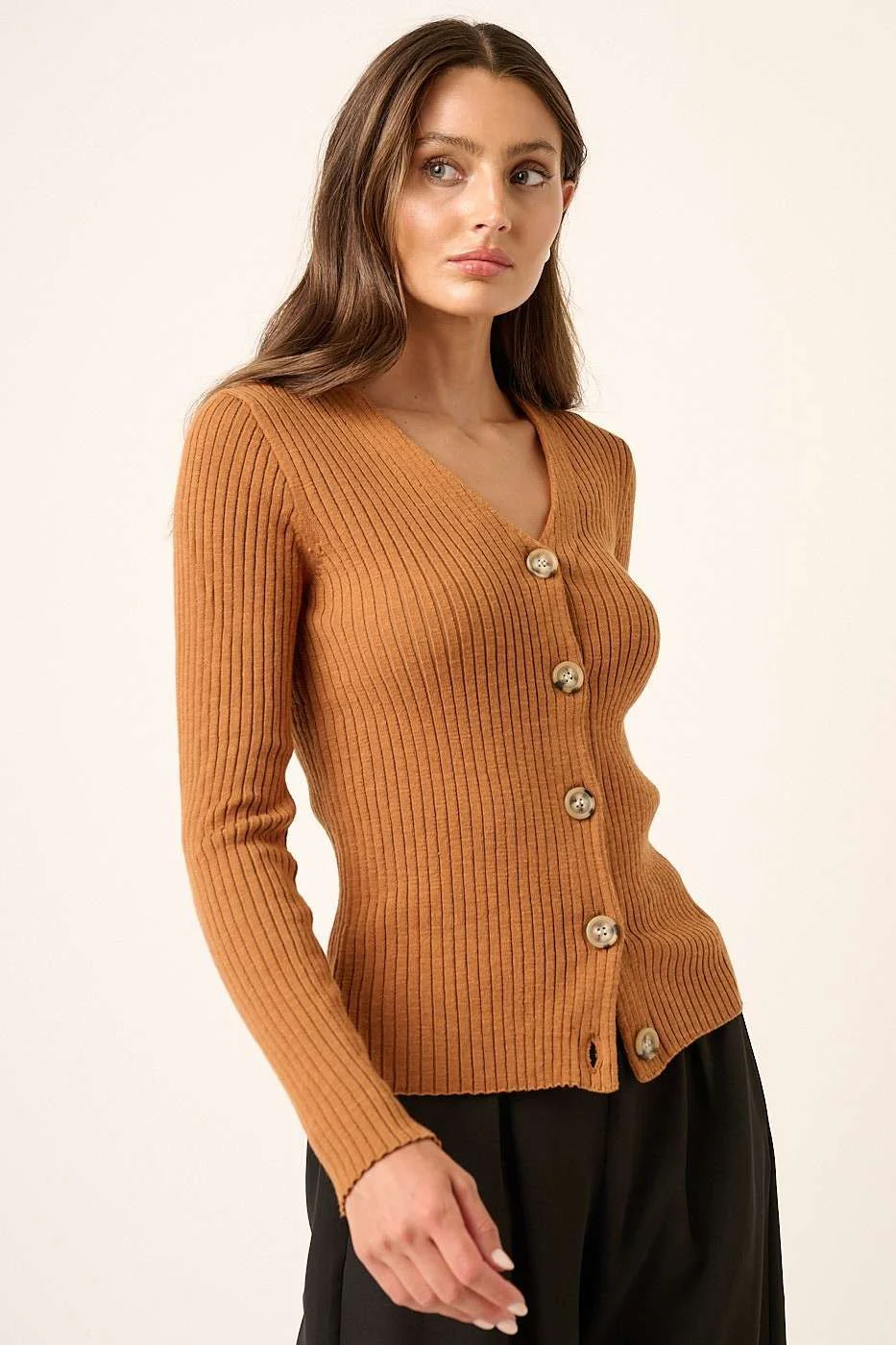 Cinnamon Rib Knit Button Front Sweater Cardigan - Image 2