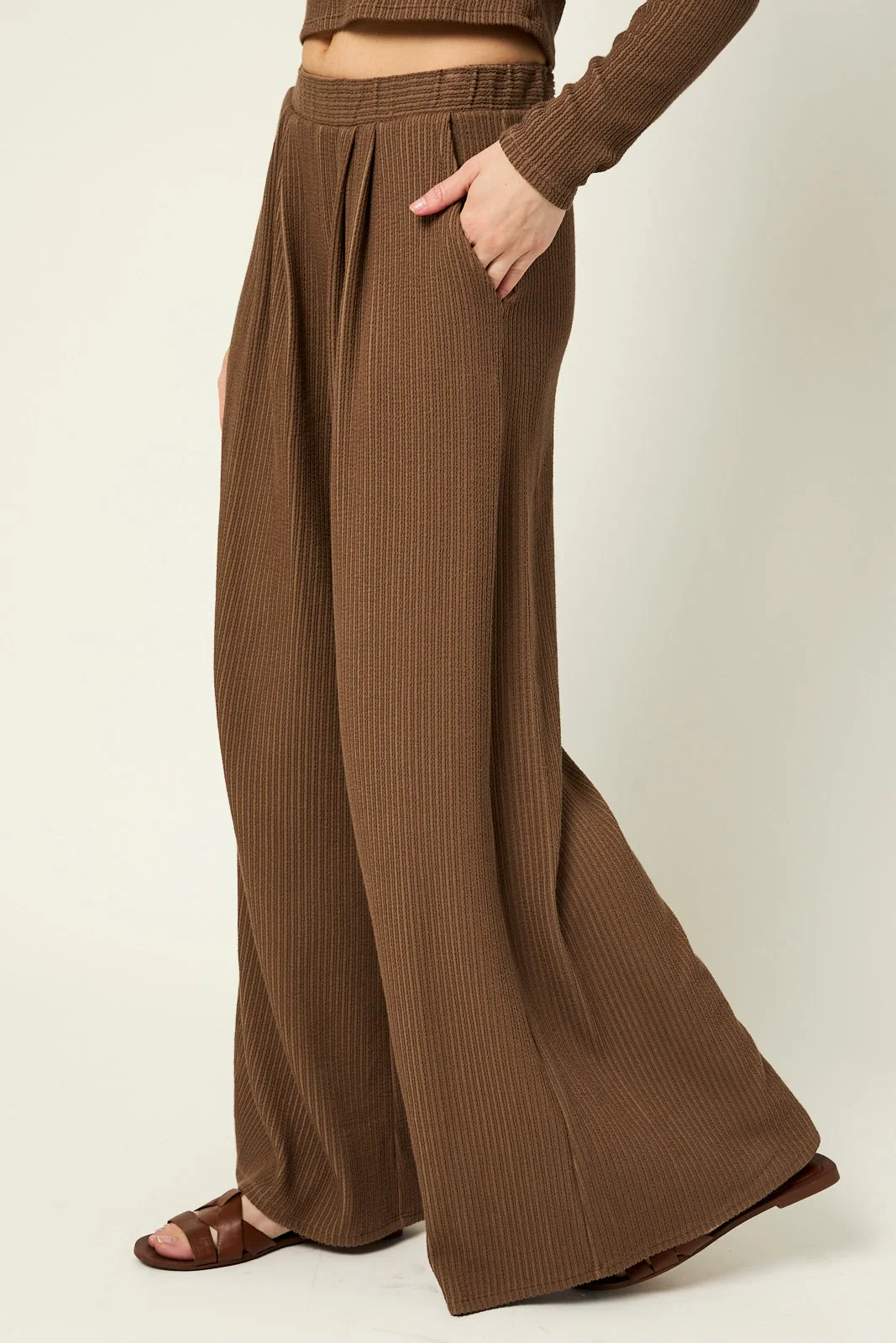 Coffee Long Sleeve Top Pleated Wide Leg Pants Texture Set - Image 6