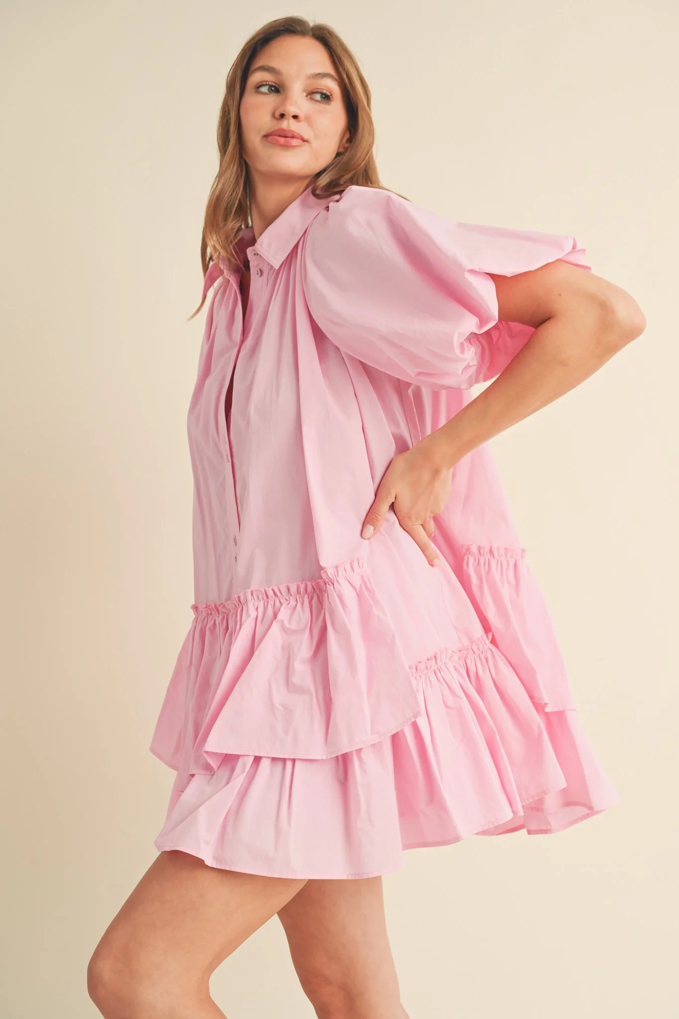 Cool Pink Bubble Sleeve Button Down Babydoll Dress - Image 2