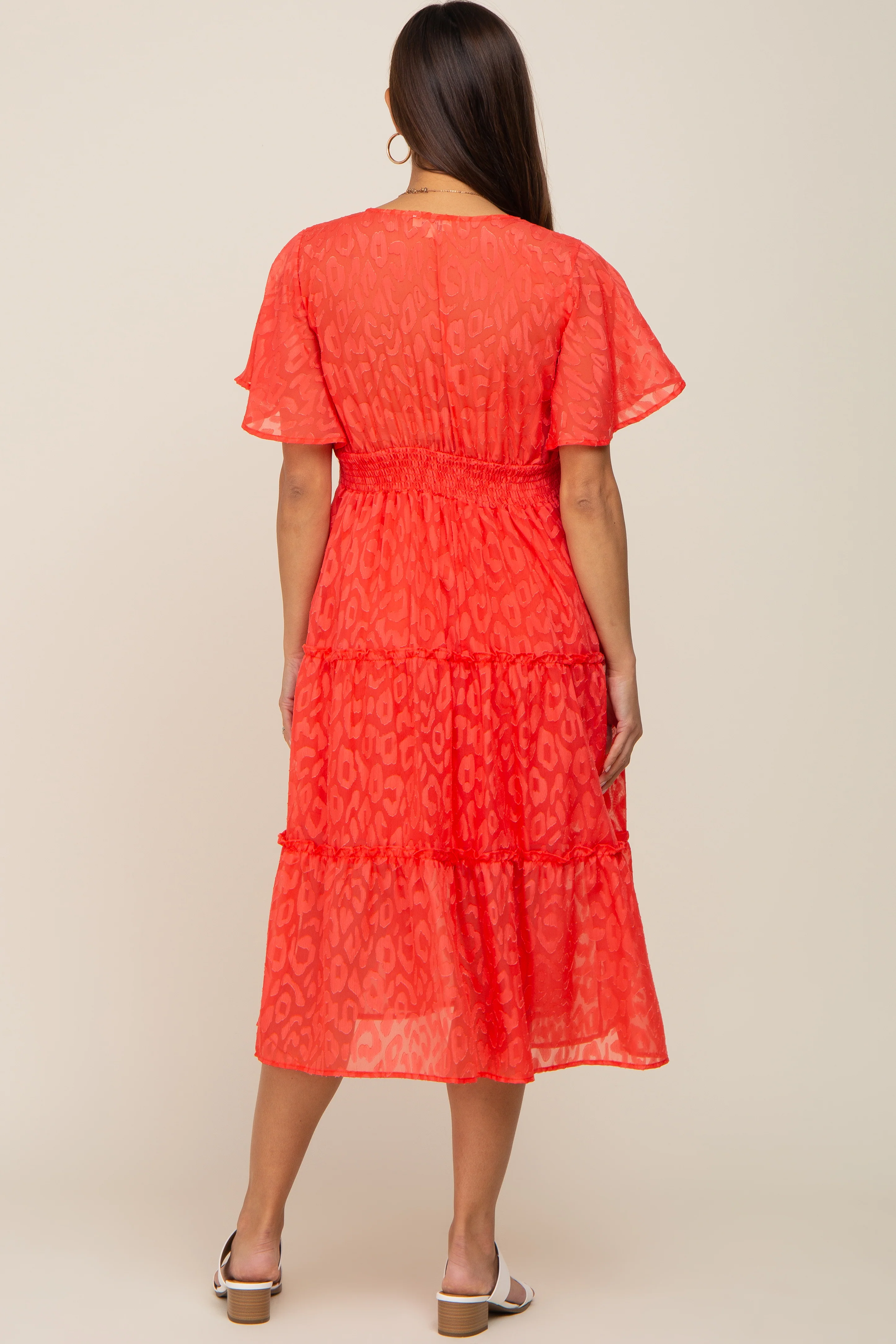 Coral Chiffon Animal Print Tiered Maternity Midi Dress - Image 3
