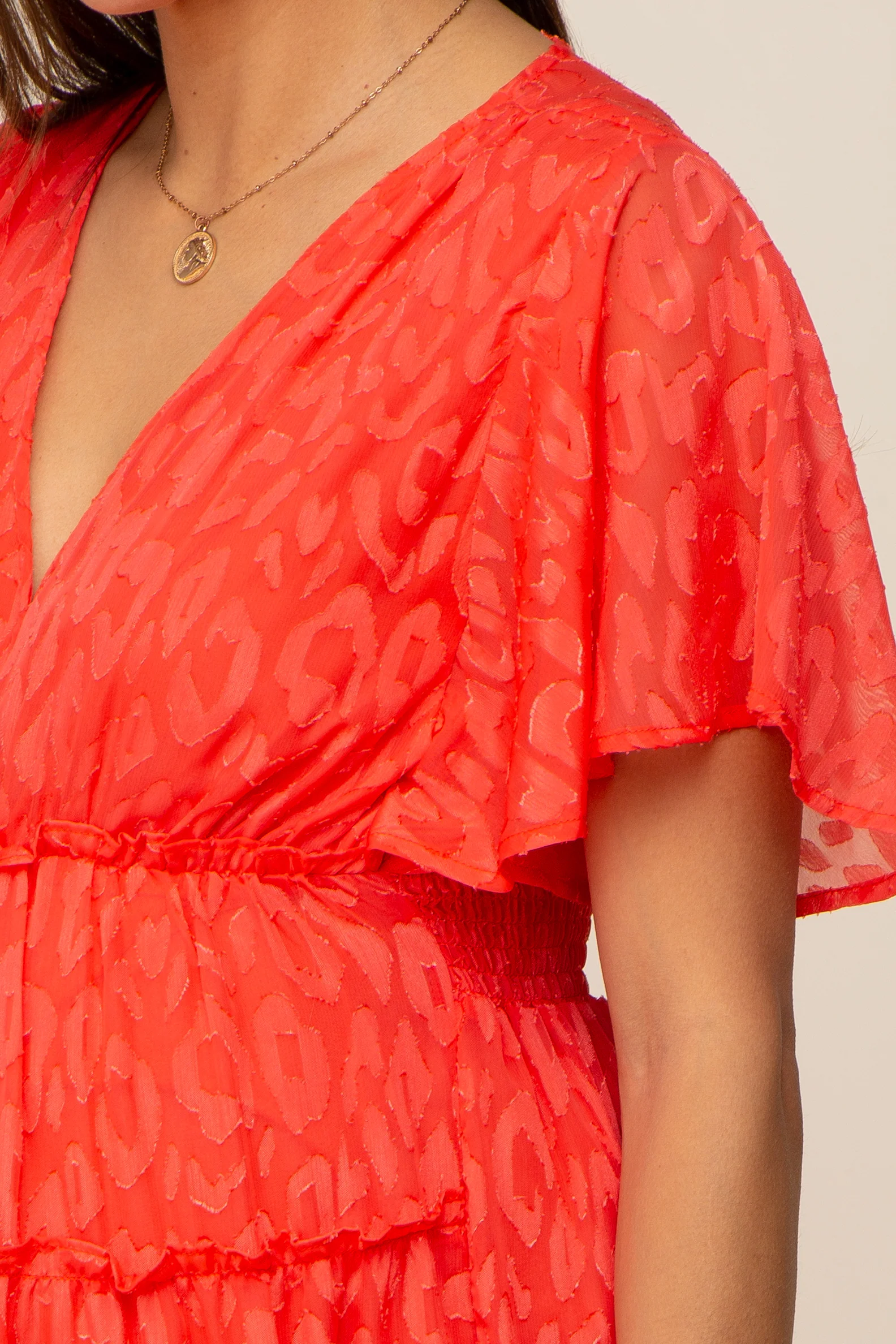 Coral Chiffon Animal Print Tiered Maternity Midi Dress - Image 4