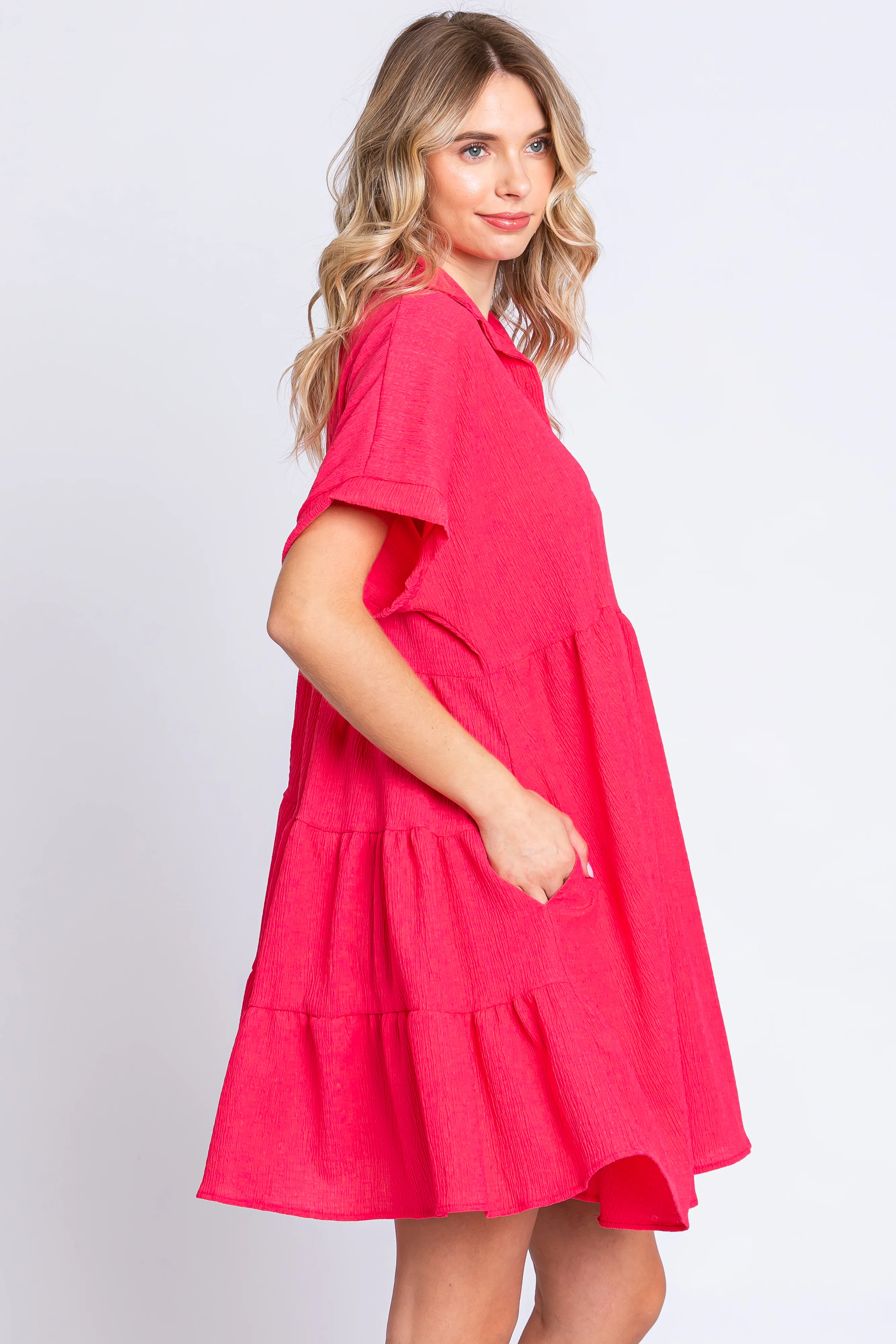 Coral Collared Button Front Short Sleeve Dress - Image 3