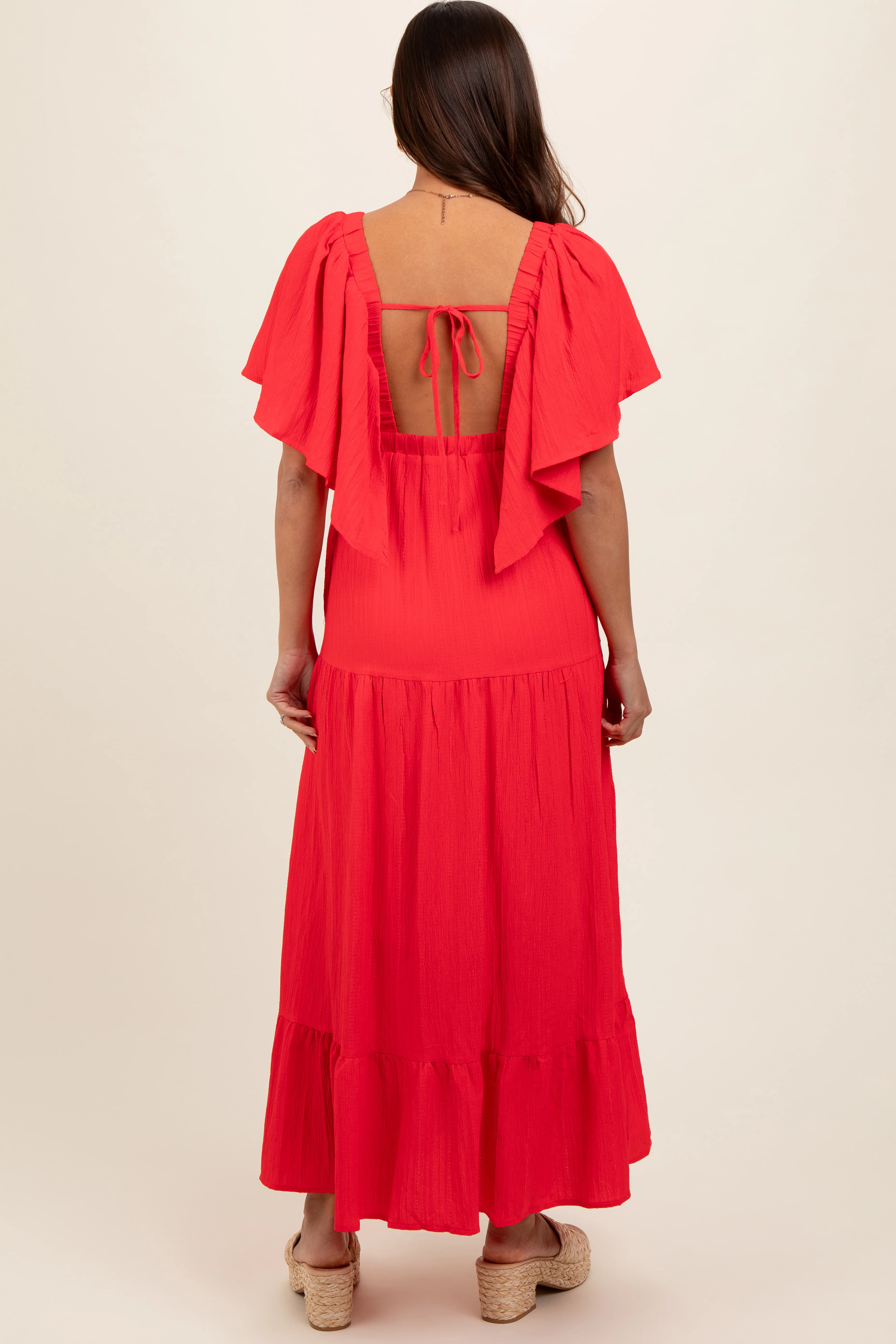 Coral Deep V-Neck Flutter Sleeve Tiered Maternity Midi Dress - Image 4