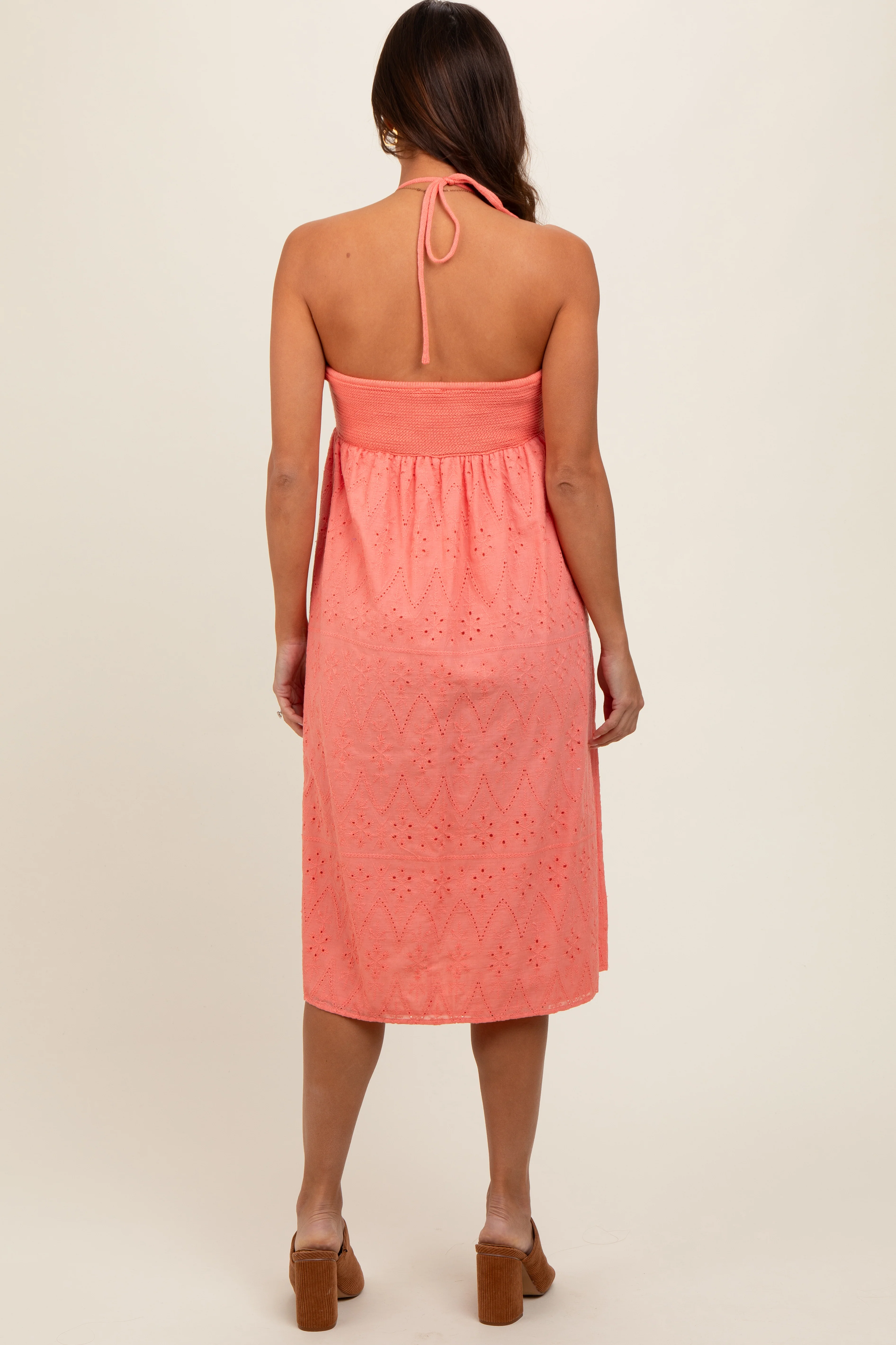 Coral Eyelet Crochet Halter Maternity Dress - Image 3