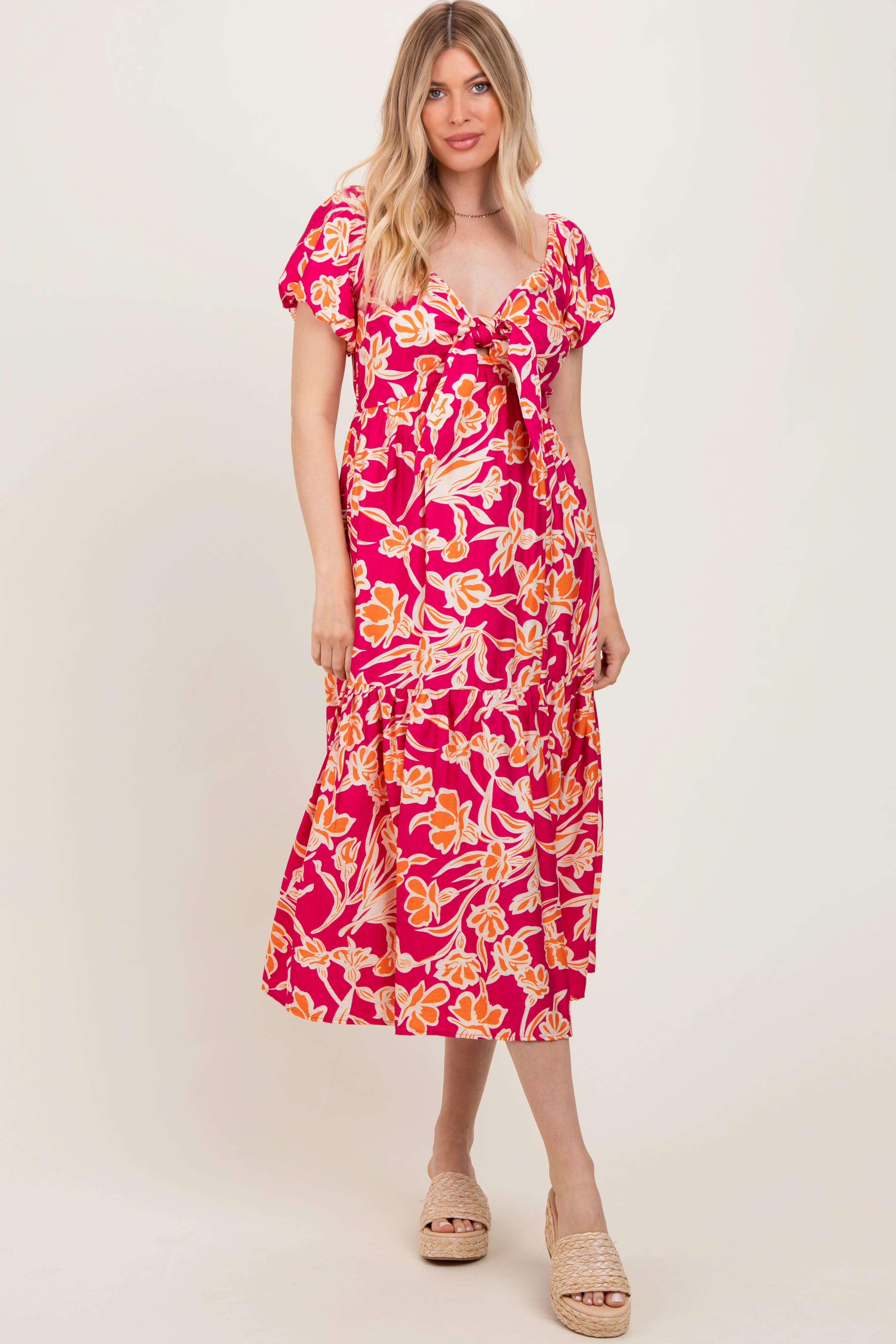 Coral Floral Front Tie Maternity Midi Dress - Image 4