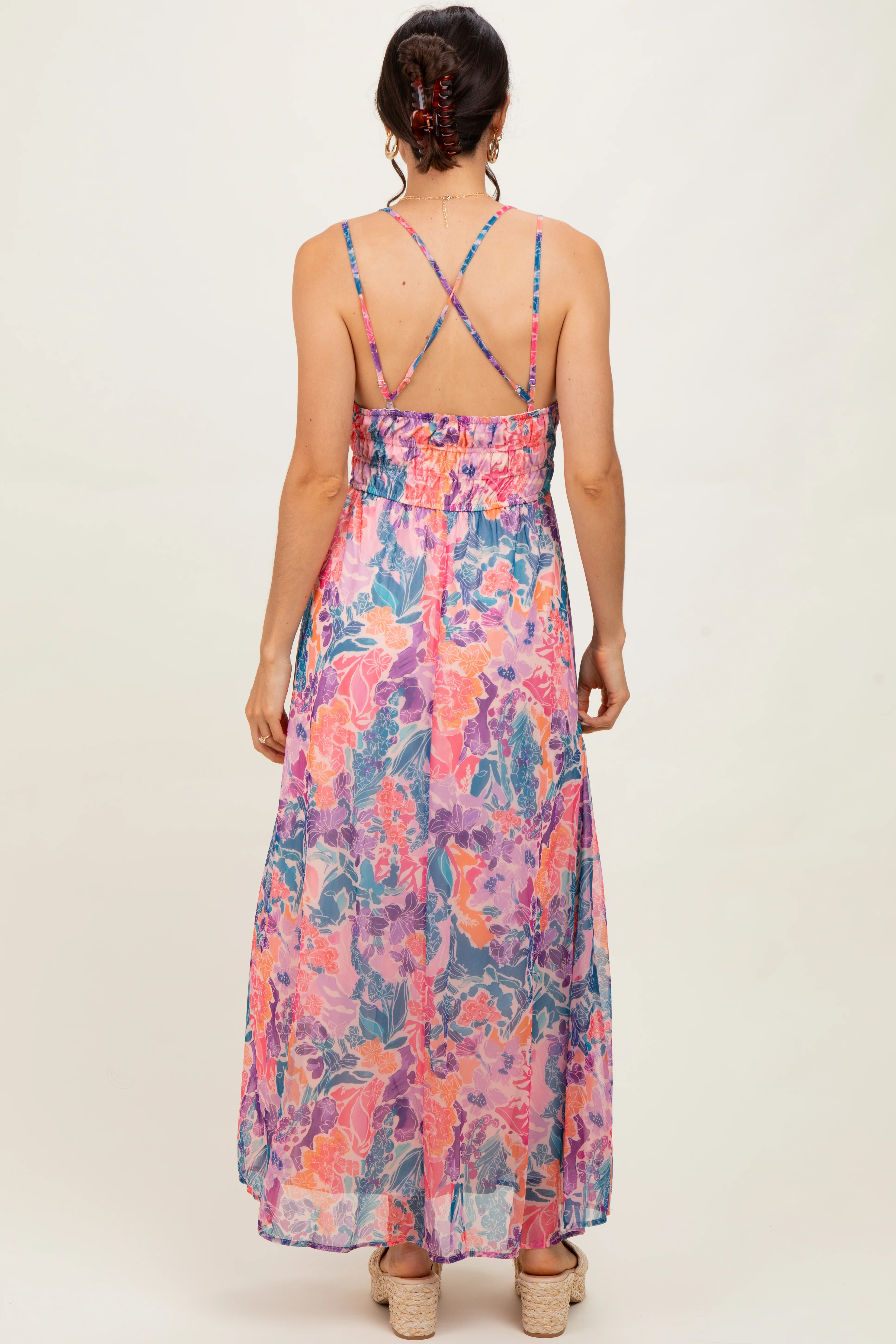 Coral Floral Strappy Back Maxi Dress - Image 3