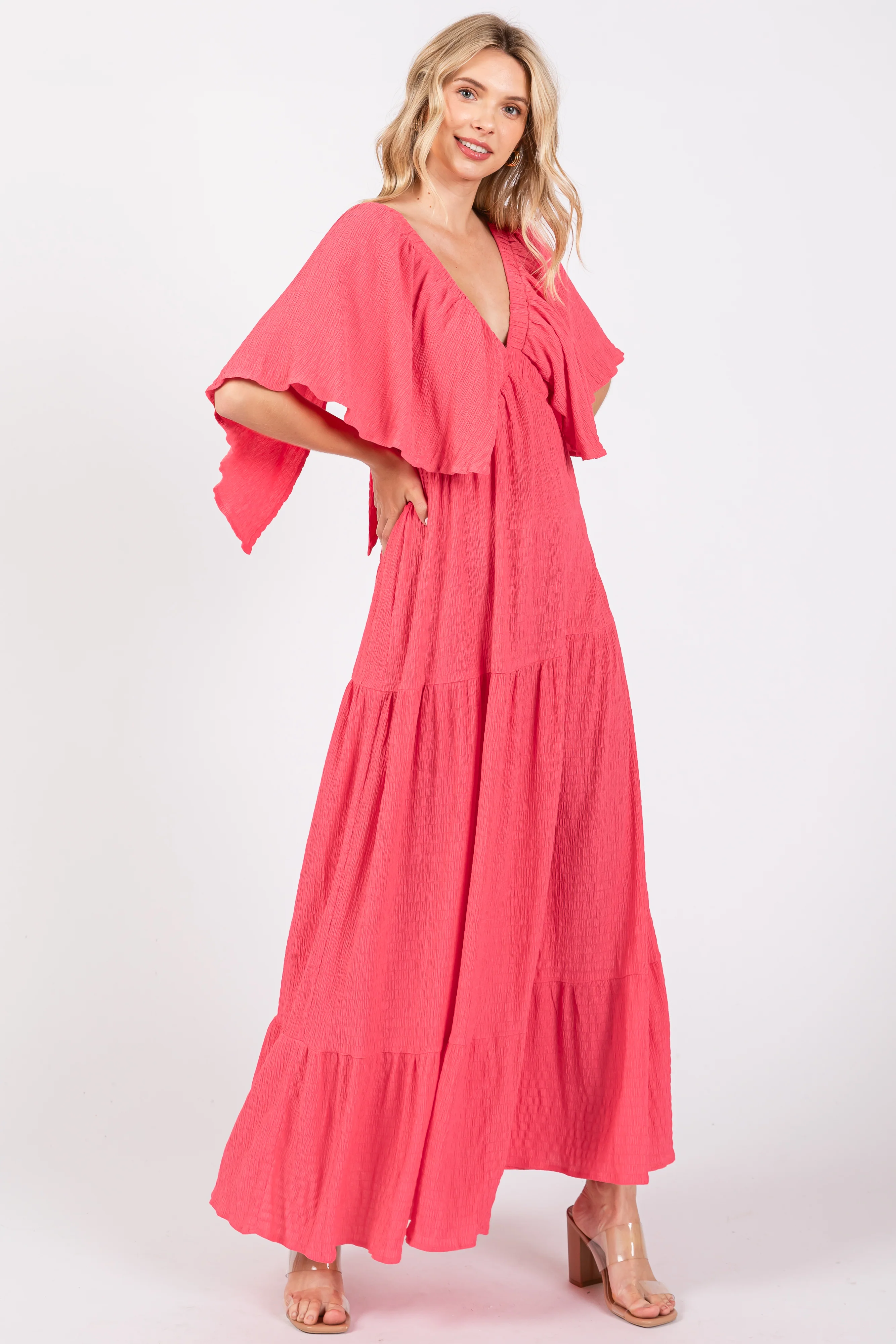Coral Flounce Sleeve Tiered Maternity Dress - Image 4