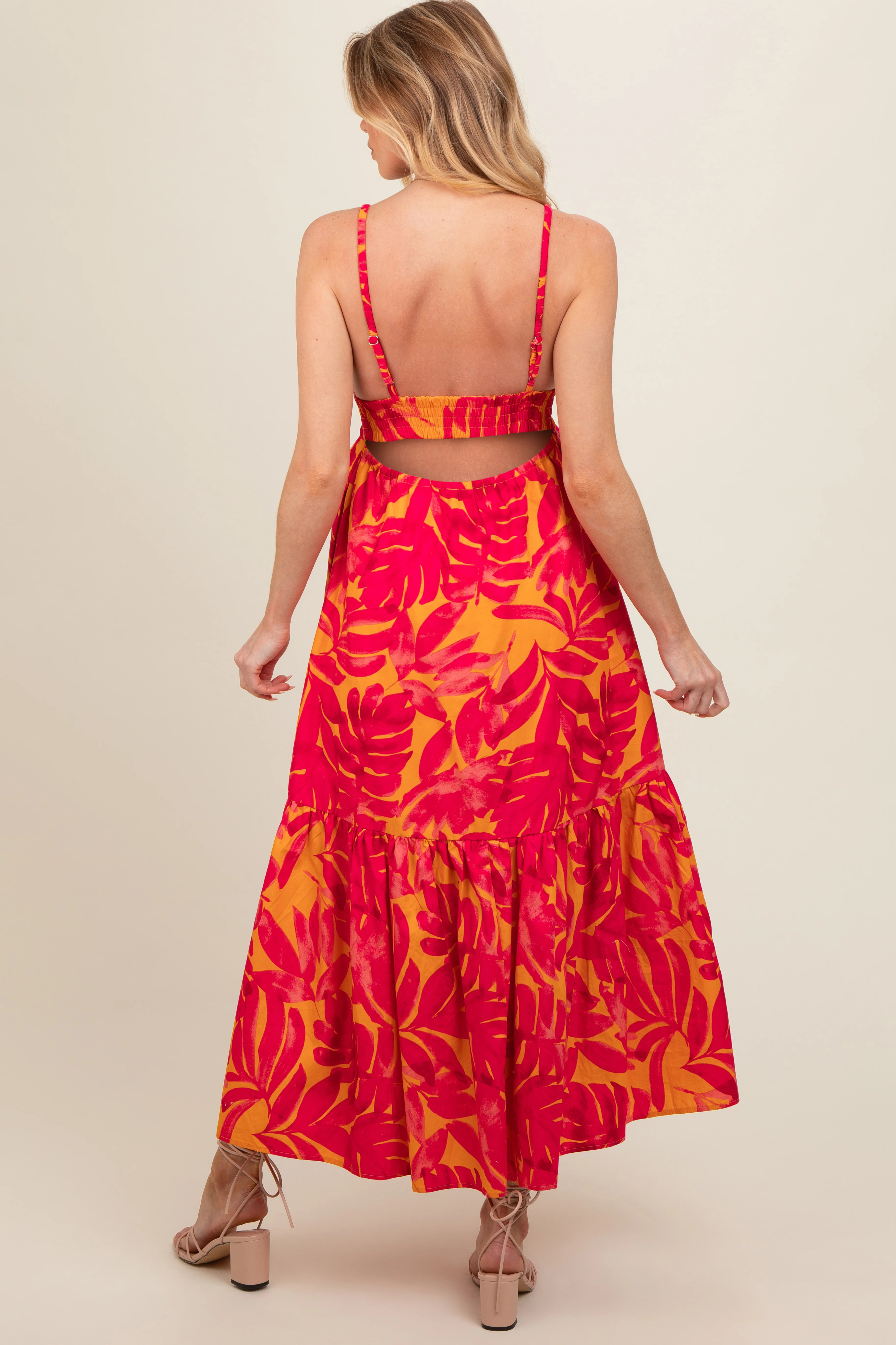 Coral Leaf Print Open Back Maternity Midi Dress - Image 4