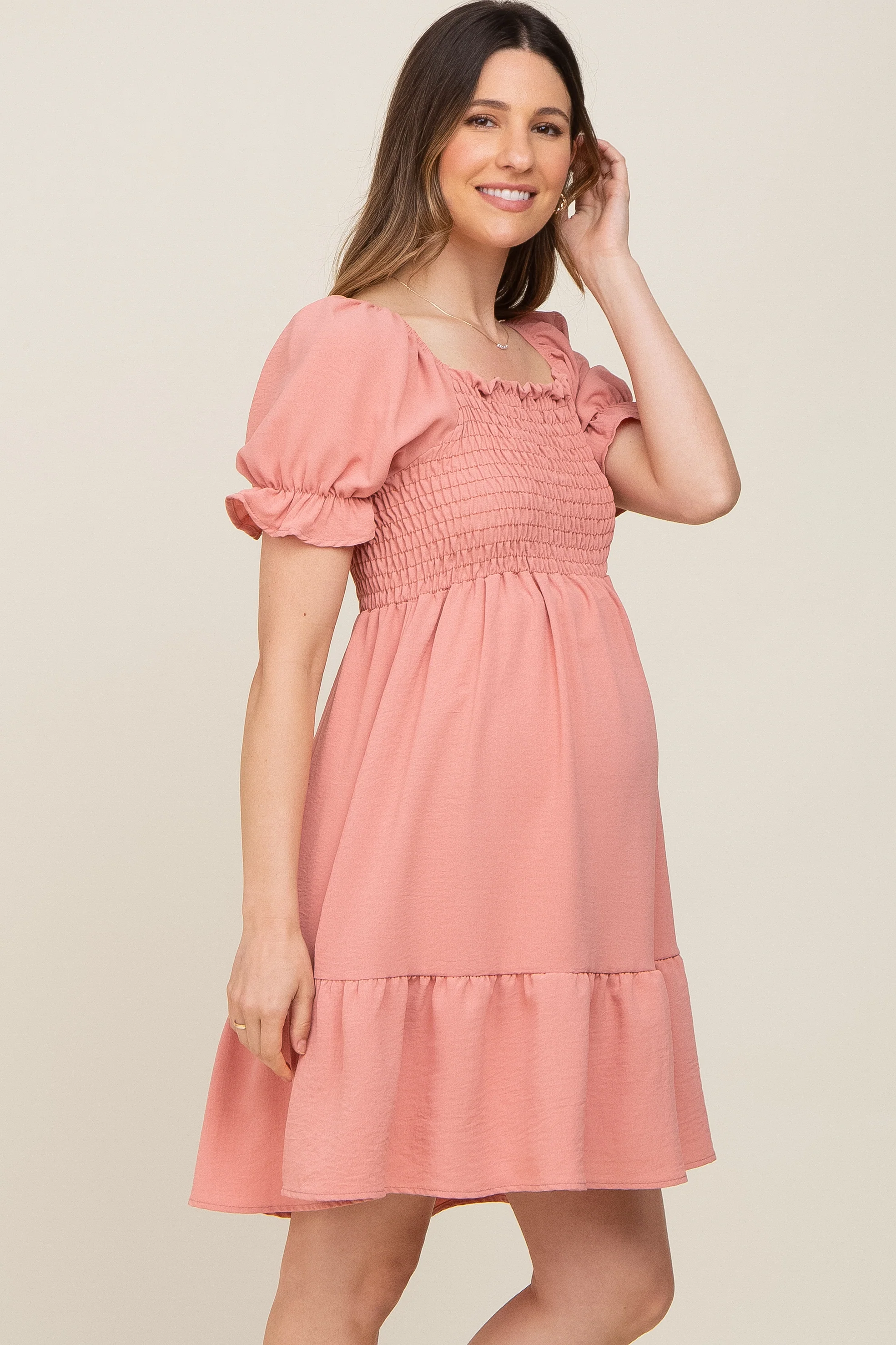 Coral Smocked Ruffle Trim Maternity Dress - Image 2