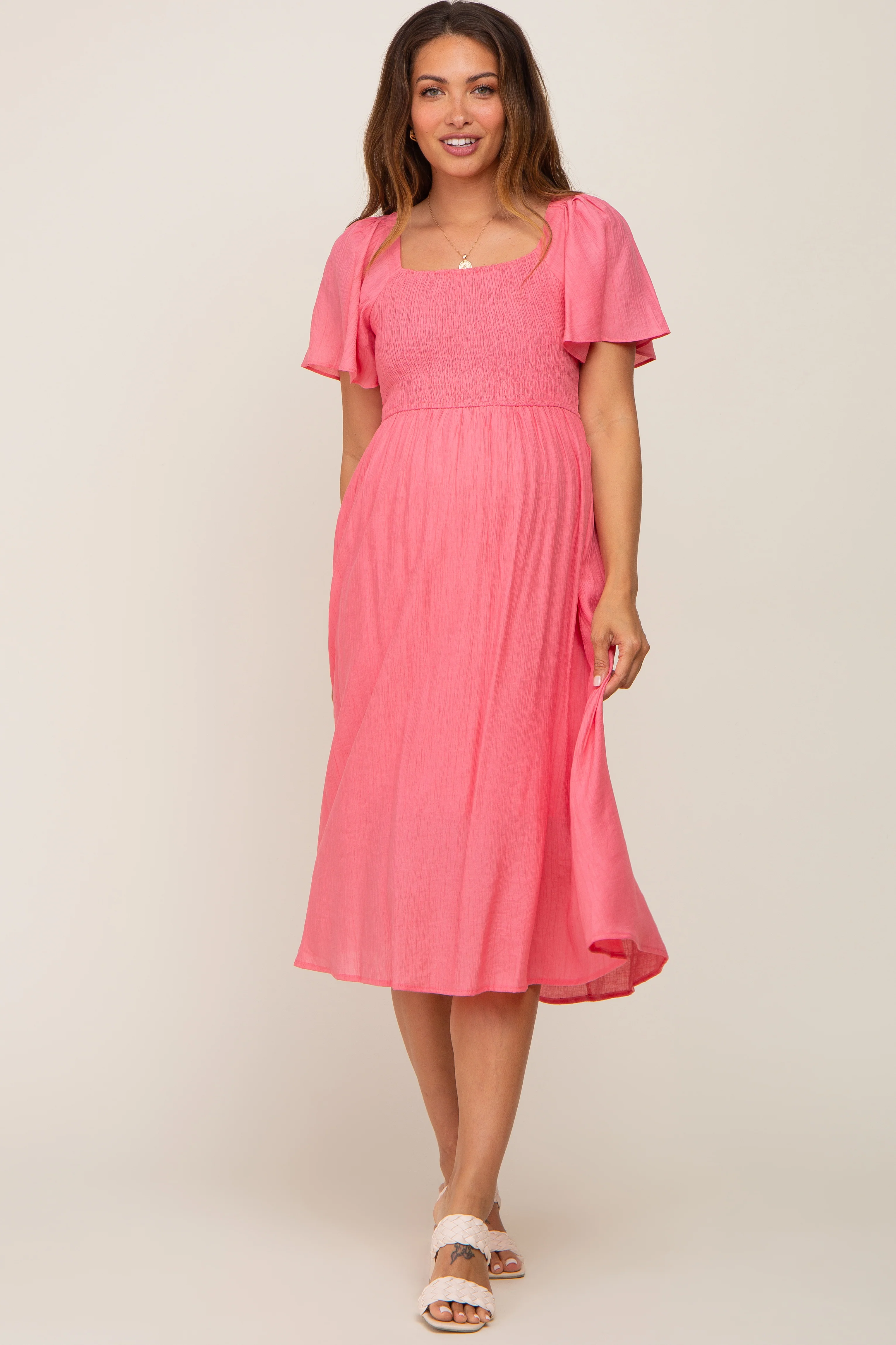 Coral Smocked Square Neck Flutter Short Sleeve Maternity Midi Dress - Image 4