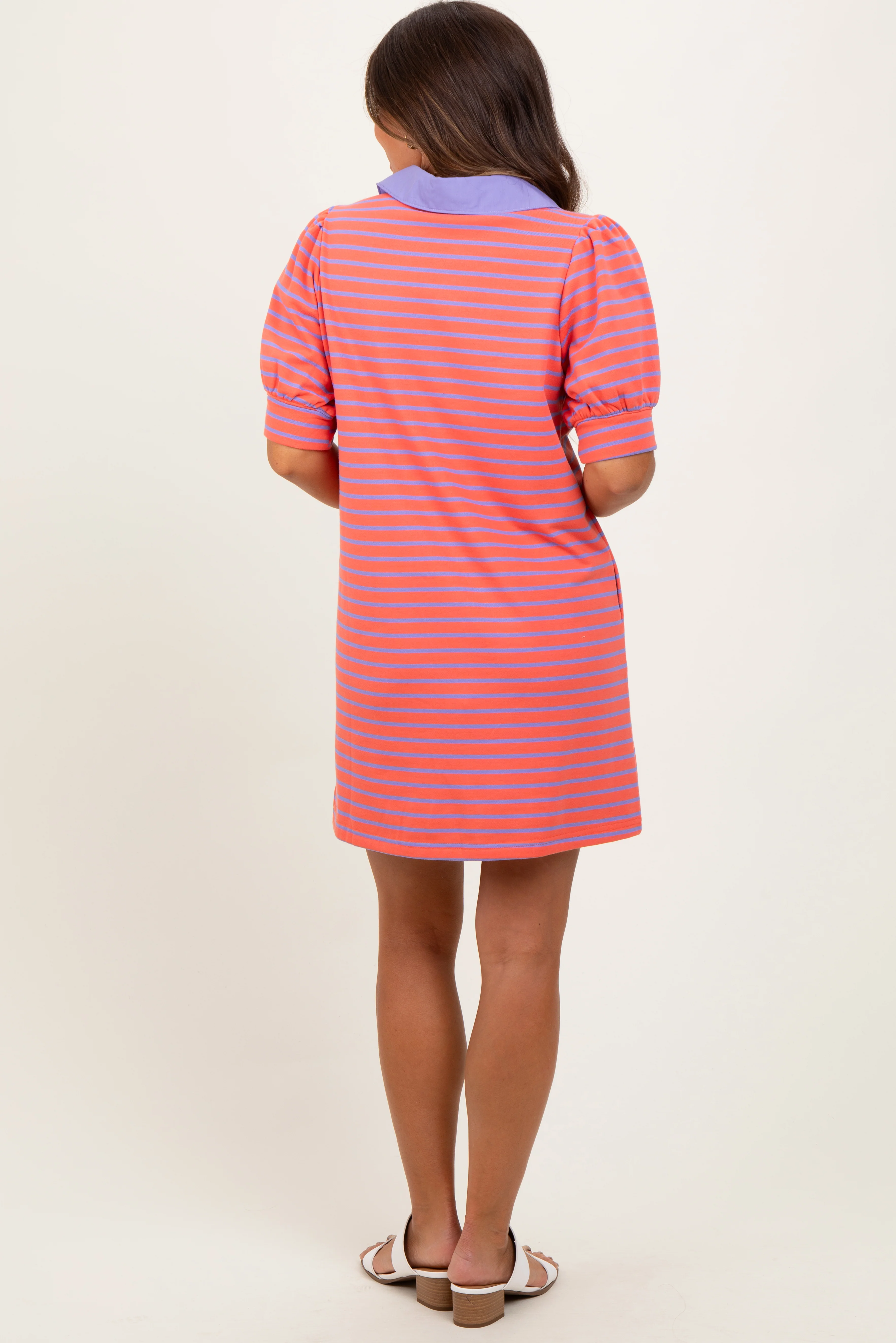 Coral Striped Collared Puff Sleeve Maternity Dress - Image 4