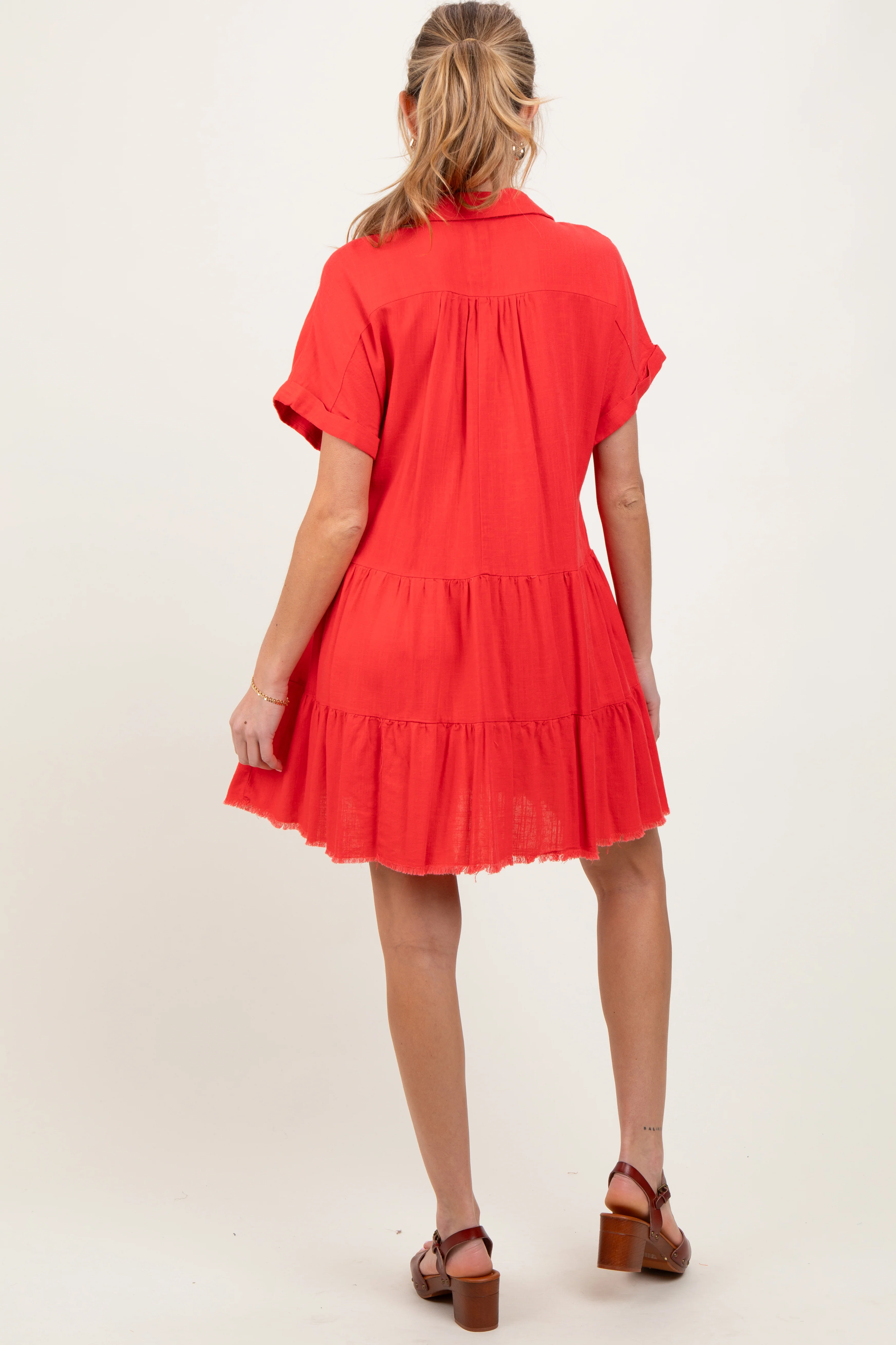 Coral Tiered Linen Maternity Dress - Image 4